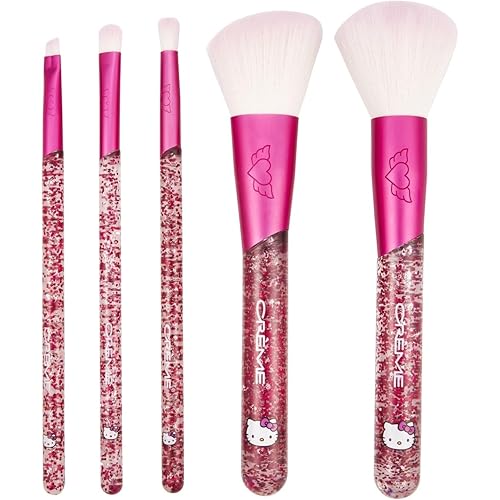 The Creme Shop Hello Kitty Luv Wave Brush Collection - Versatile & Silky-Soft Makeup Brushes - Precise Shader, Blending Brush, Angled Detailer, Blush Brush, Powder Brush - Durable & Easy to Wash - Set