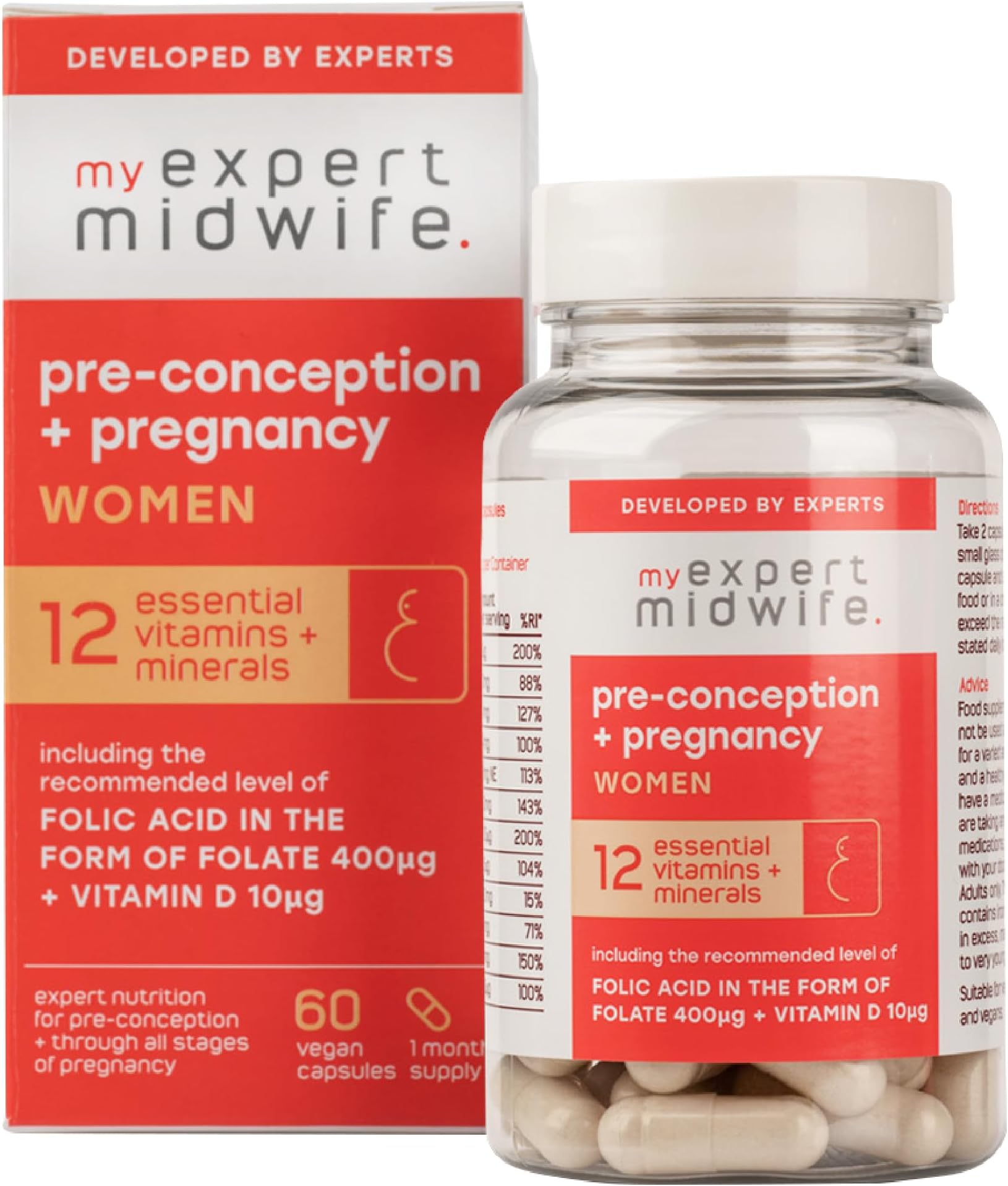 My Expert MidwifePre-Conception & Pregnancy Women's Supplements, 12 Essential Prenatal Vitamins & Minerals, Including 400μg Natural Folic Acid from Folate, 10μg Vitamin D, 60 Capsules, Vegan
