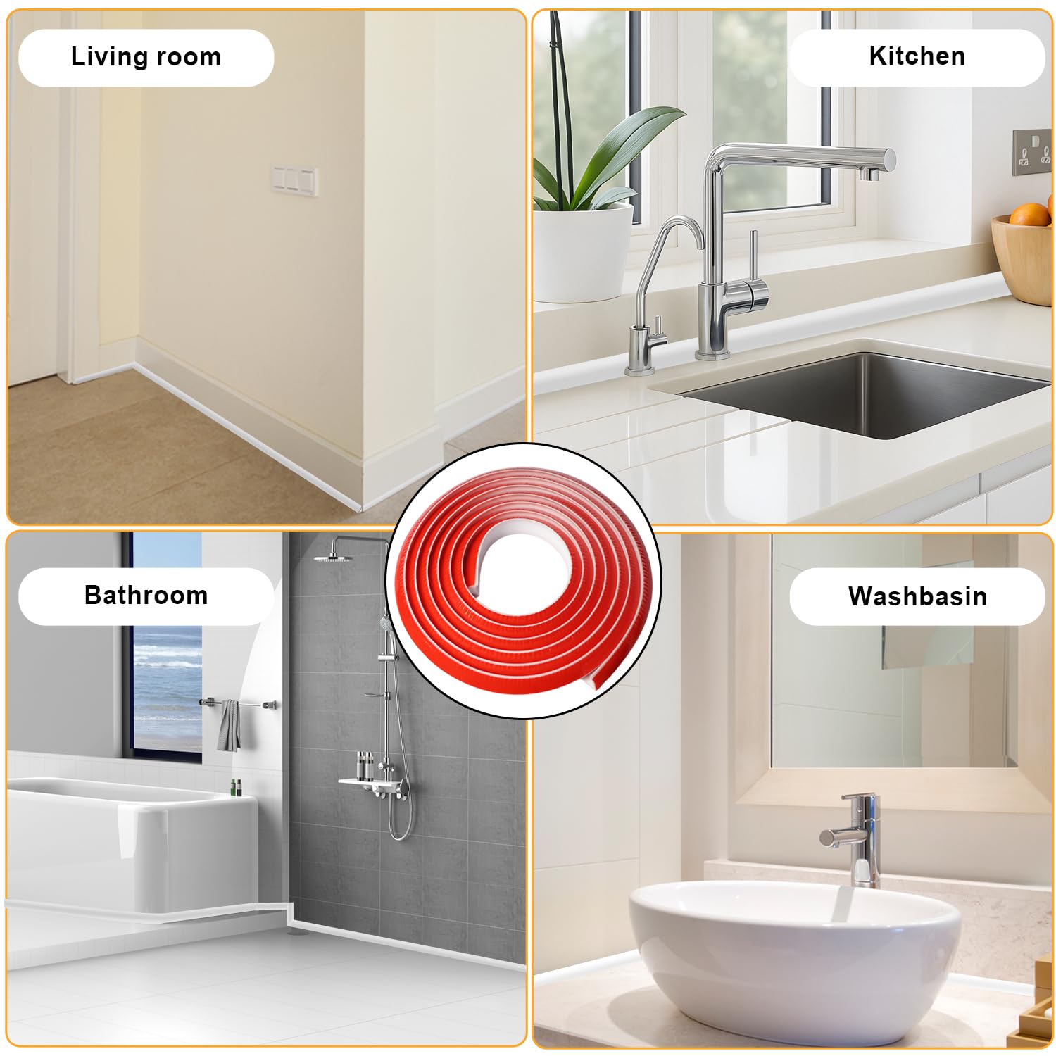 Embellecedor Copete Encimera Cocina Blanco Barrera de Agua Tiras Decorativas Flexibles Autoadhesivos Silicona Impermeable(Blanco, 6Metro)