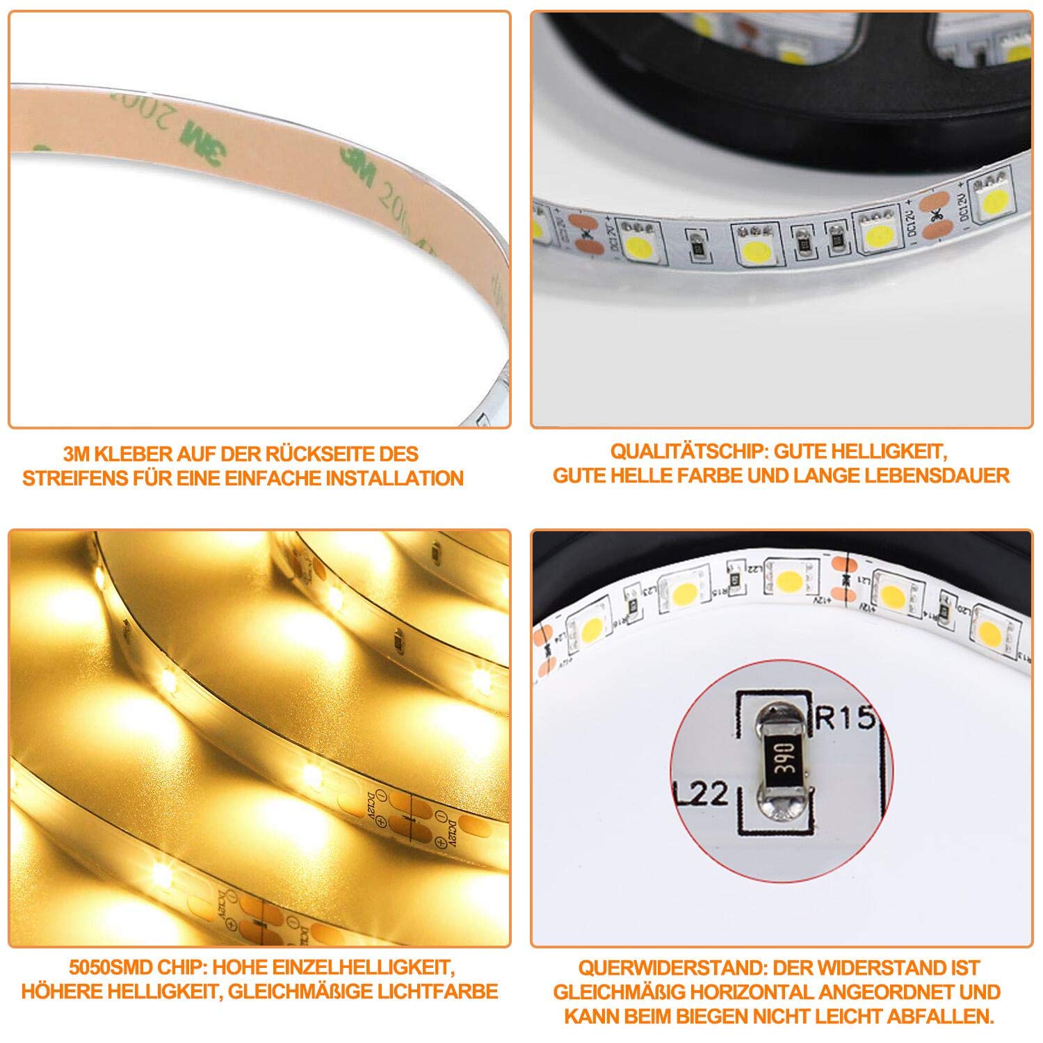 Taśma LED RGB, 20 m, 5050 diod LED, samoprzylepna, możliwość ściemniania, 12 V, z pilotem zdalnego sterowania z 24 przyciskami i zasilaczem, 15 kolorów i 4 trybami, do kuchni, sypialni, na