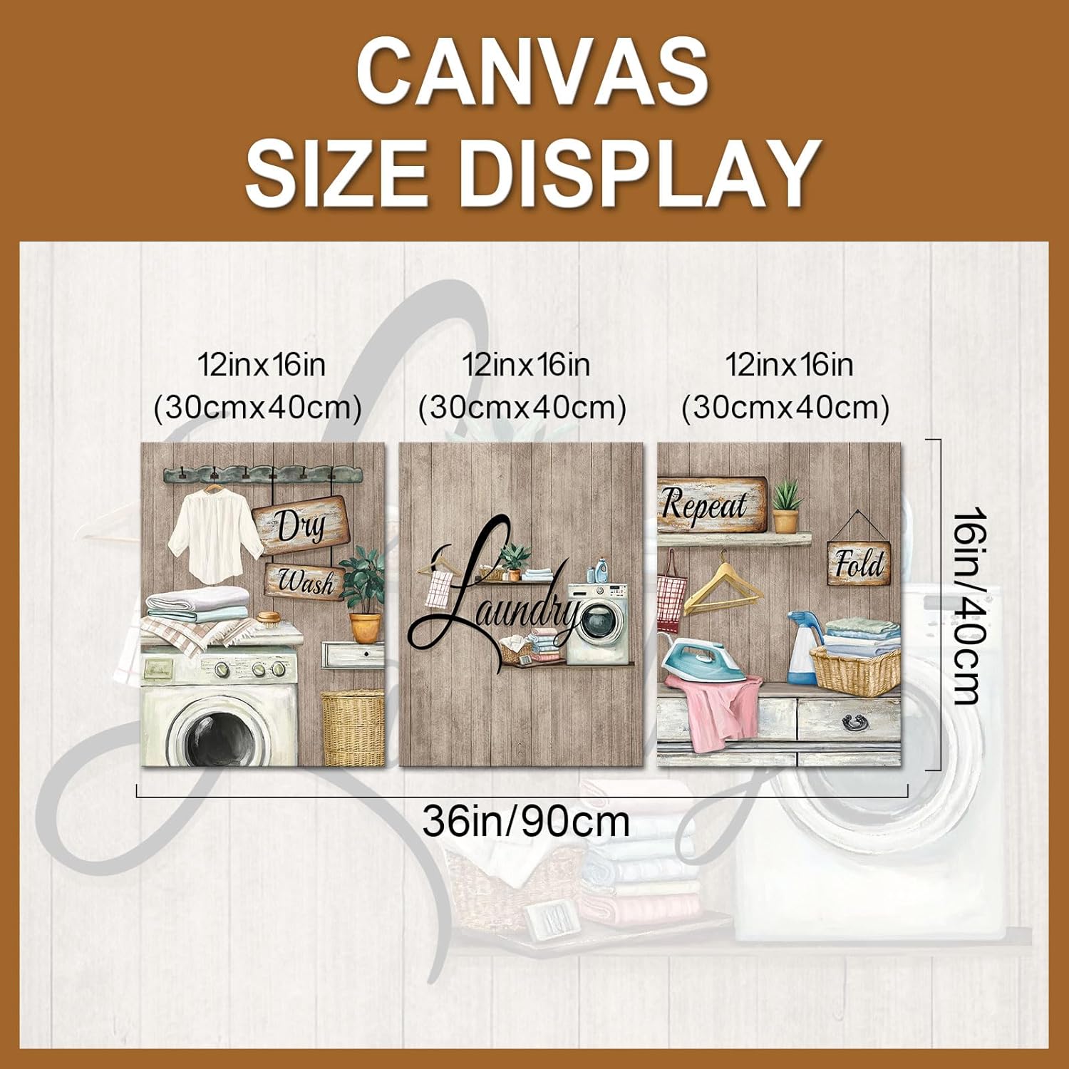 PoGoXiPoYo 3 Pieces Laundry Room Wall Art Canvas Prints Wash Dry Repeat Fold Laundry Signs Pictures Rustic Wall Decor Ready to Hang Brown 12"x16"x3