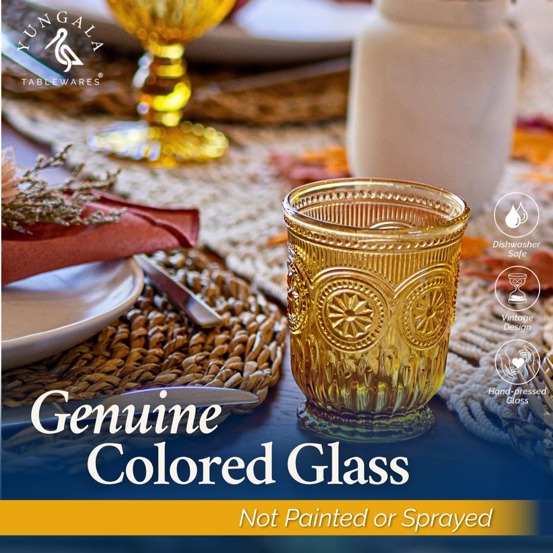 Bernsteinfarbene Trinkgläser, Set mit 6 bernsteinfarbenen Glasbechern, 237 ml, kleine Wassergläser, Hobnail, spülmaschinenfest, niedliches farbiges Trinkgeschirr für den Herbst