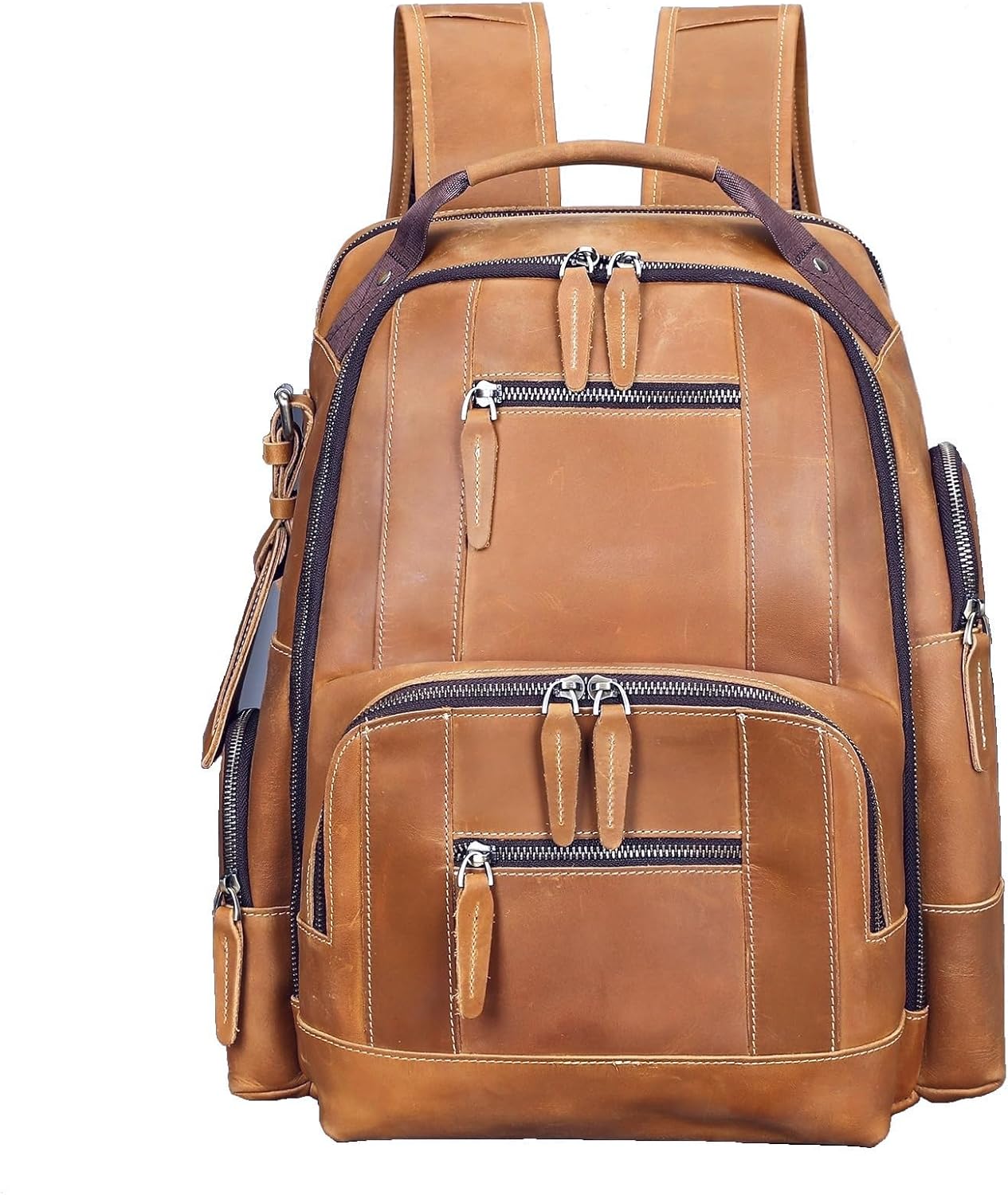 Vintage Genuine Leather 15.6" Laptop Backpack For Men Cowhide Hiking Camping Rucksack Business Travel Daypacks (Brown)