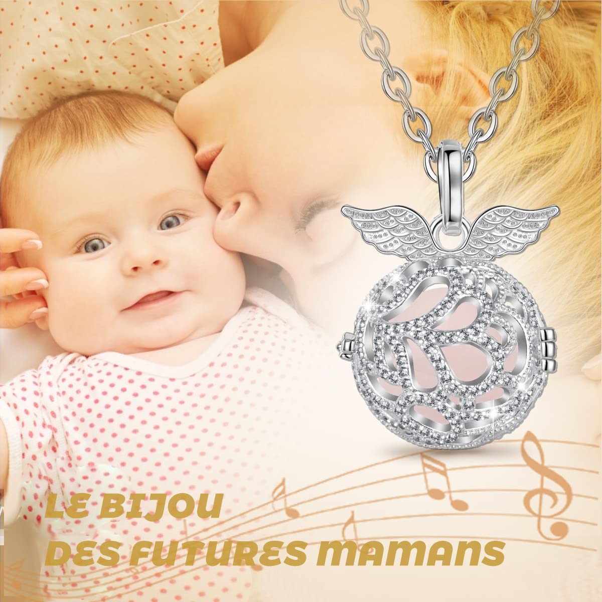 AEONSLOVE Collana Angeli Gravidanza, Collana Lunga Donna Ali d'angelo Con Ciondolo Chiama Angeli Bola Messicana Maternita per Mamma e Bambino Regalo Originale Bel Gioielli