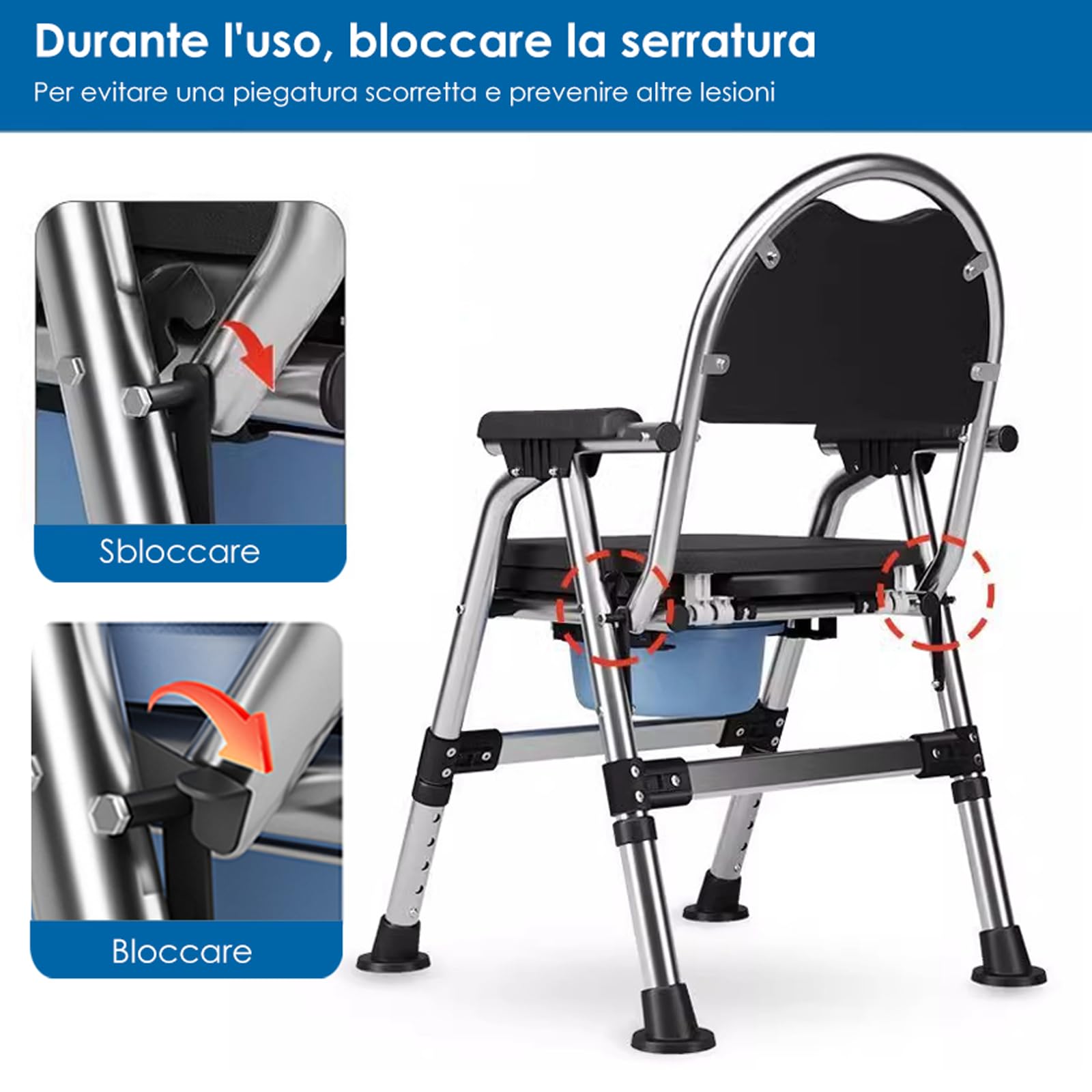 Sedia Comoda WC per Anziani, Sedia WC Pieghevole con Braccioli, Water Portatile per Adulti, Cesso Portatile Con secchio igienico e cuscino imbottito, Sedia da Doccia Disabili, (TY-0312)