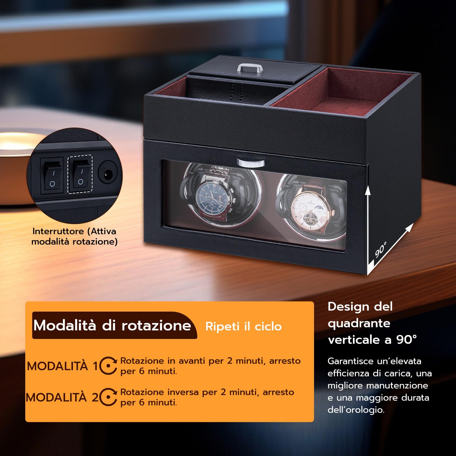Mcbazel Multifunzionale Scatola Carica Orologio per 2 Orologi,Orologi Automatici Display LED Luce Scatola di Carica dell'Orologio Gioielli con Motore Silenzioso 1 Modalità di Rotazione -Vino Rosso