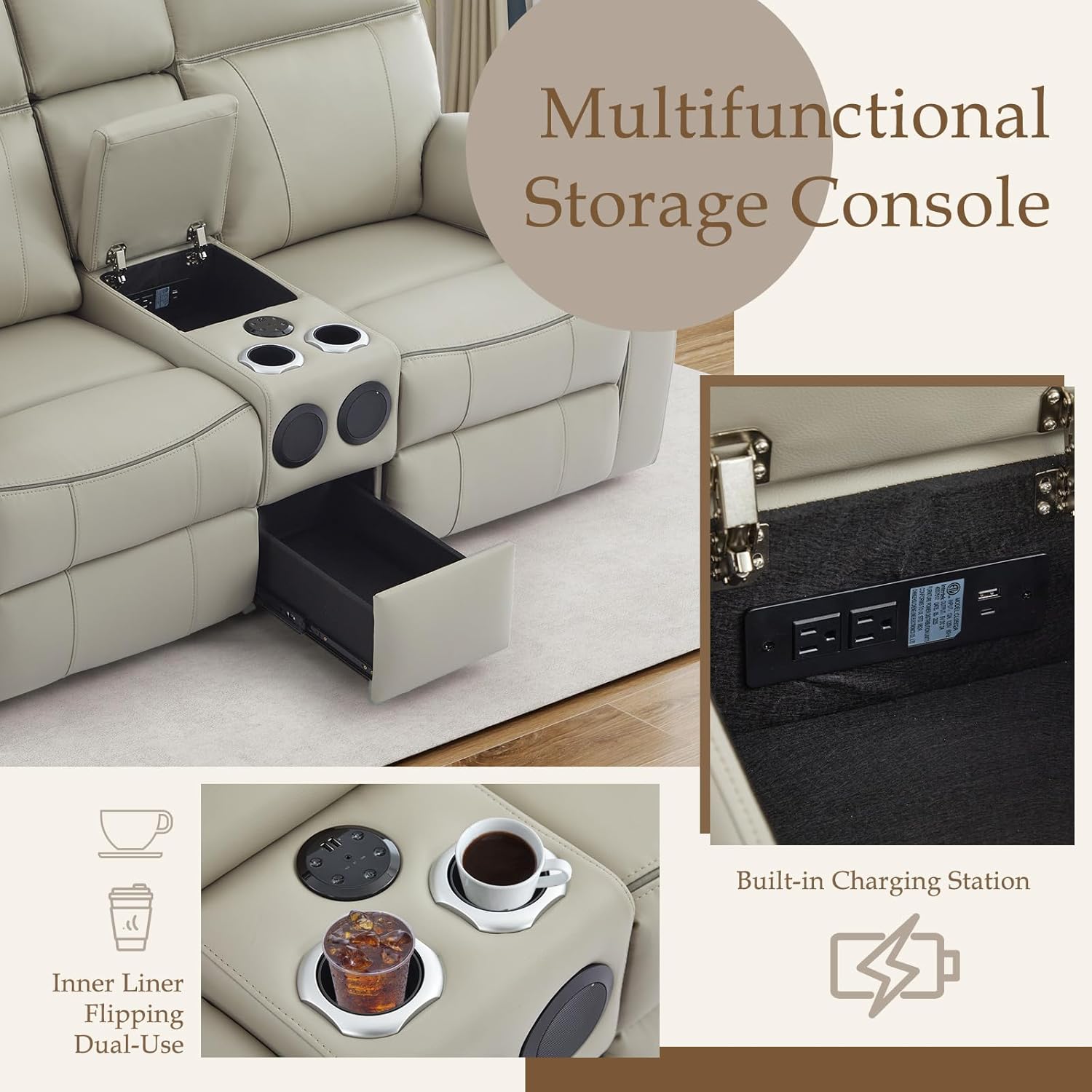 Power Reclining Sofa Set with LED Reading Light/Storage Drawer, Power Loveseat Recliner Sofa, Reclining Loveseat with Bluetooth Speakers/Outlets/Breathing Leather (Grey, Sofa+Loveseat)