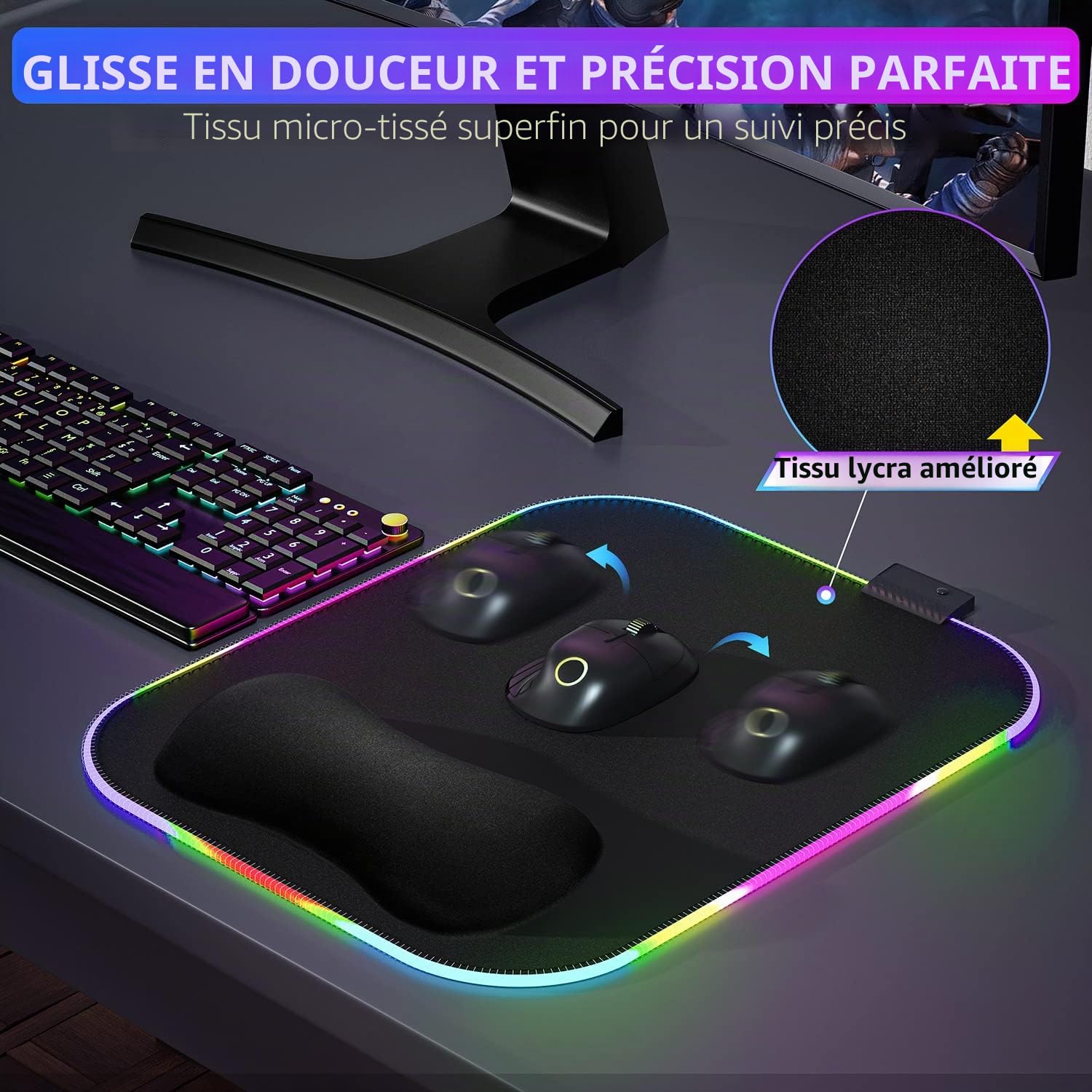 Gimars Tapis de Souris, RGB Tapis de Souris Gaming Ergonomique avec 10 LED Modes de Lumière, 305x254mm XL Mouse Pad Repose Poignet Gel avec Base en Caoutchouc Antidérapante, Tissu Lycra pour Gamer
