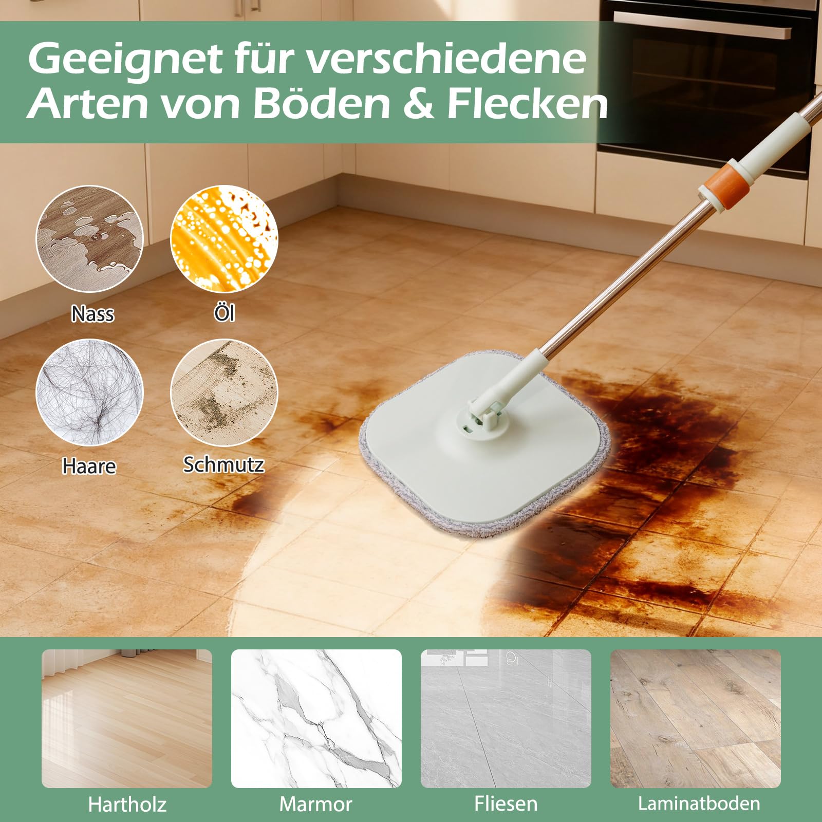 COSTWAY Wischmopp und Eimersystem mit Auswringfunktion, Abwassertrennung, 360° Drehmoppkopf & 2 Mikrofaser-Pads, Flacher Bodenwischer für Nass- und Trockenreinigung (Grün + 6 Pads)