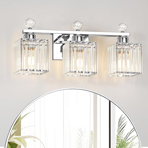 Lámpara de tocador de baño de 18.8 pulgadas con pantallas de cristal transparente, accesorio moderno cromado de 3 luces para espejo, fácil