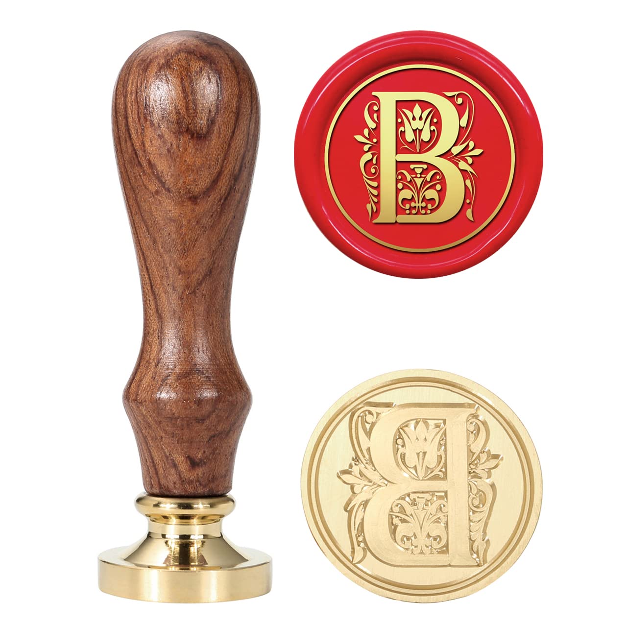 Letter B Wax Seal Stamp, Yoption Vintage Floral Brass Head Wooden Handle Alphabet Initial Sealing Stamp for Wedding Party Invitation (B)