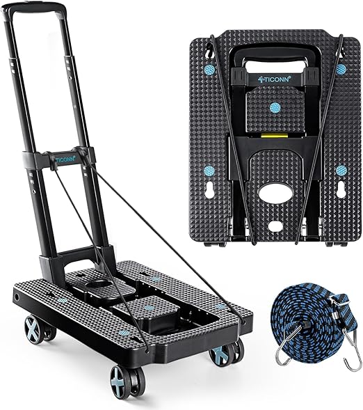 TICONN Folding Portable Dolly Cart, Black, 4-Wheel, 110 lbs Capacity, Adjustable Handle, Silent Wheels