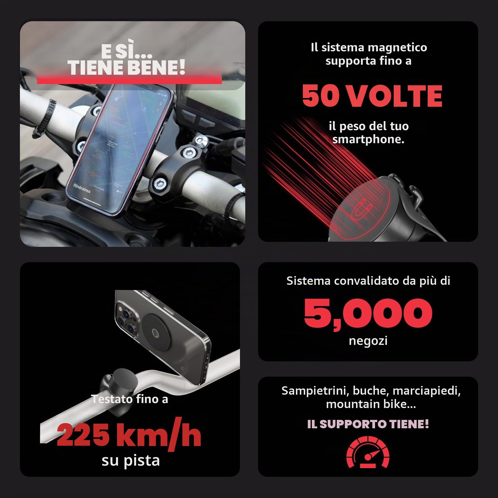Shapeheart Innovazione francese, Portacellulare magnetico per moto con piastra in acciaio ultrasottile, Anti riflessione, Supporto per telefono per manubri o ponti di moto, Accessorio moto universale