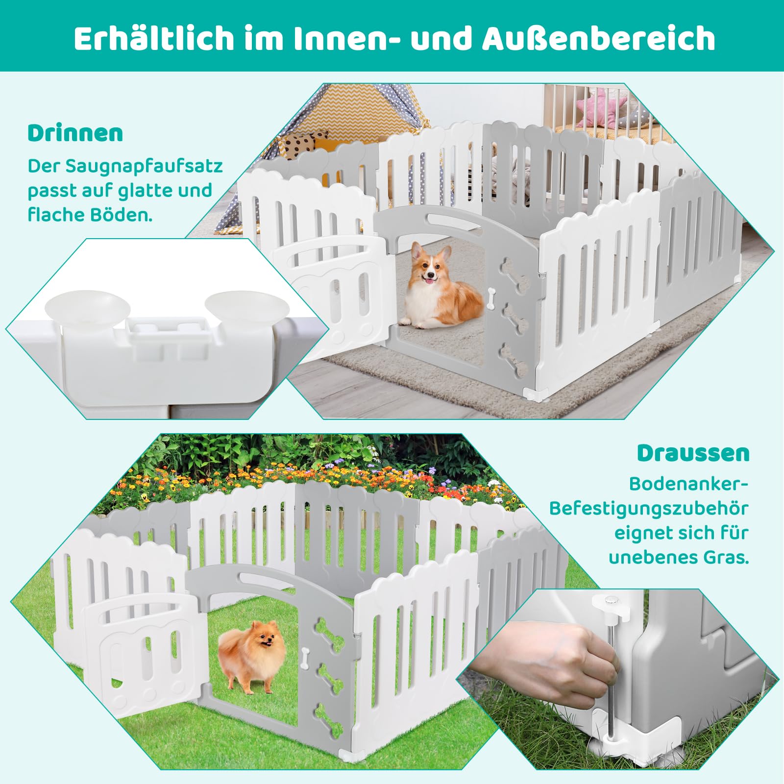 MAMIZO Recinto per Cani Interno Esterno alto 60cm, Box Cani 7+1 PCS Pannelli, Recinzione Gatti Pieghevole, Recinto Gatti in Plastica con Cancello, Incluse Ventose e Ancoraggi a Terra, Grigio-Bianco