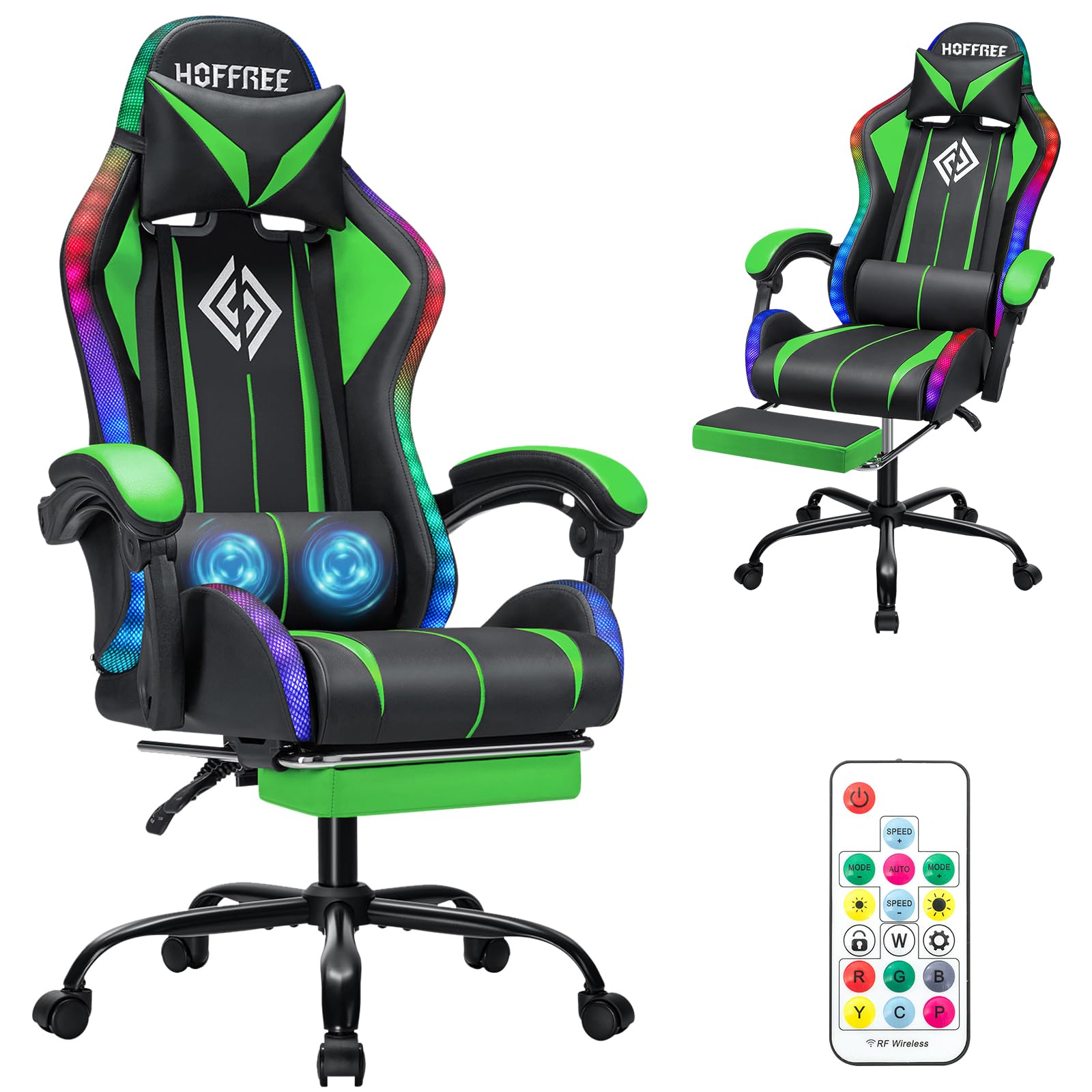 Gaming Chair with LED RGB Lights with Massage and Footrest Ergonomic Computer Chair High Back Video Game Chair with Adjustable Lumbar Support Linkage Armrest Green and Black