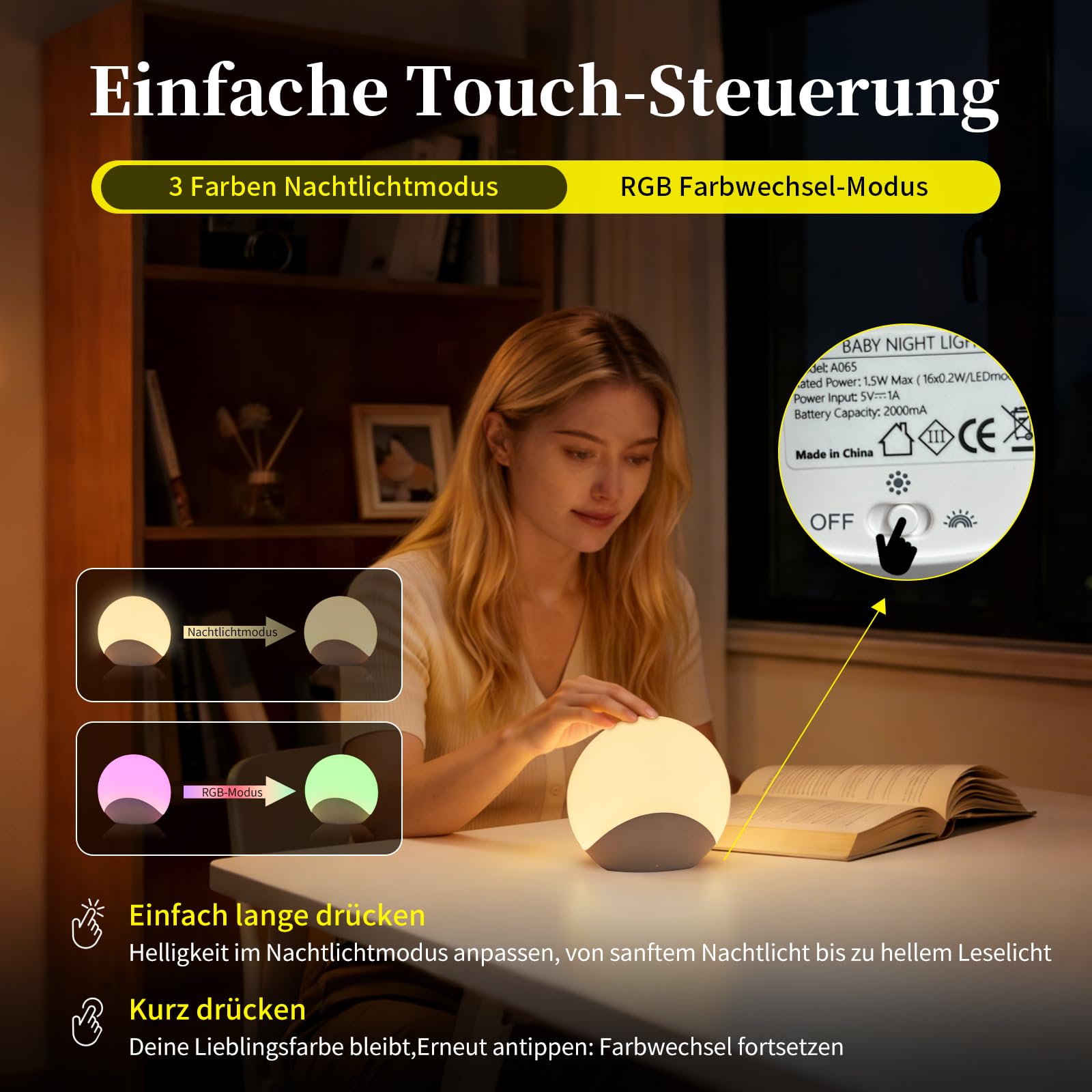 Luce notturna morbida con 8 cambi di colore e timer, intensità regolabile con semplice tocco, lampada da comodino a LED RGB ricaricabile per la cameretta dei bambini, senza BPA e rispettosa