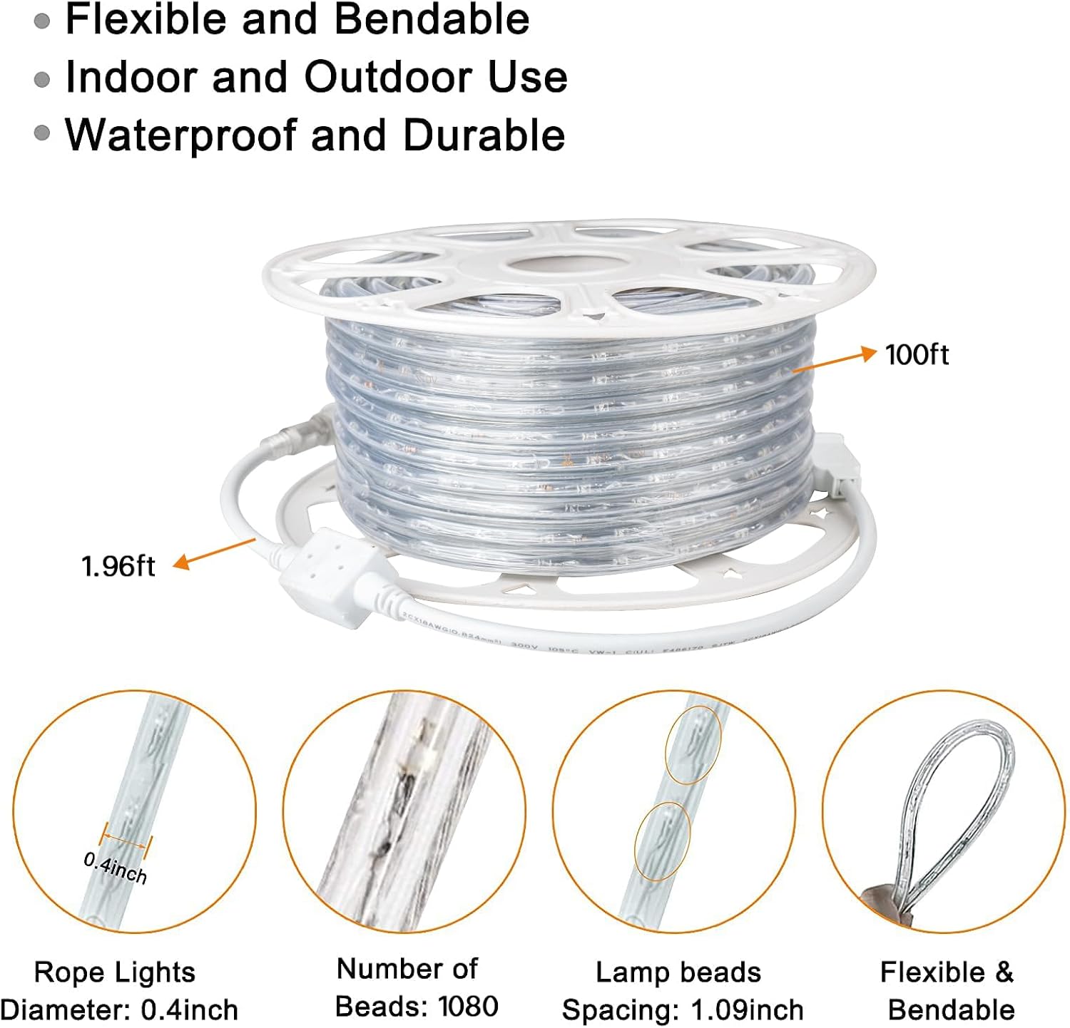 SURNIE LED Rope Lights Outdoor Warm White, Waterproof 100FT Cuttable 3000K Soft Lighting Indoor 110V Connectable Flexible Clear Tube for Bedroom Outside Garden Deck Patio Camping Decor, Not Flat Strip