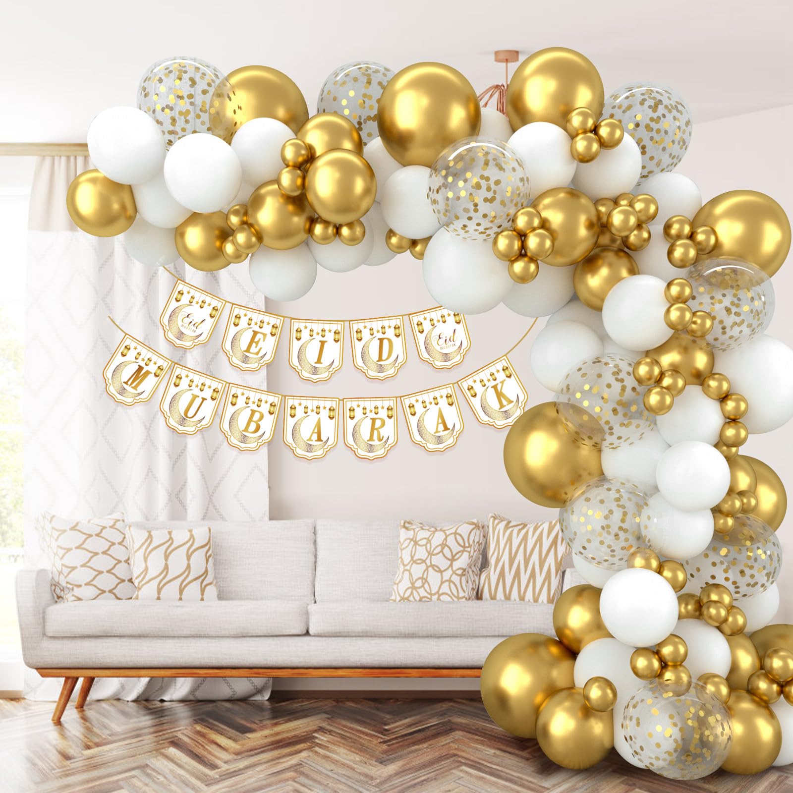 Eid Mubarak Balloons Decorations for Home 2026-80PCS White Gold Ramadan Balloons with Eid Mubarak Banner Bunting - Image 4