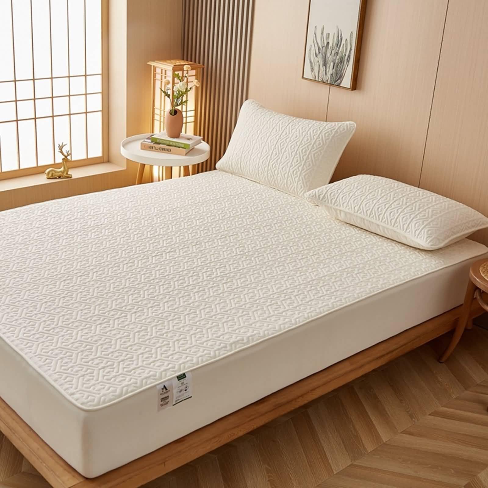 KnSam Spannbettlaken Baumwolle Allergiker, Einfarbig mit Geometrisch Muster Spannlaken, Textilien Klassische Tagesdecke Betthusse Beige Weiß Unterbett als Schutz für Matratze, 180x200cm