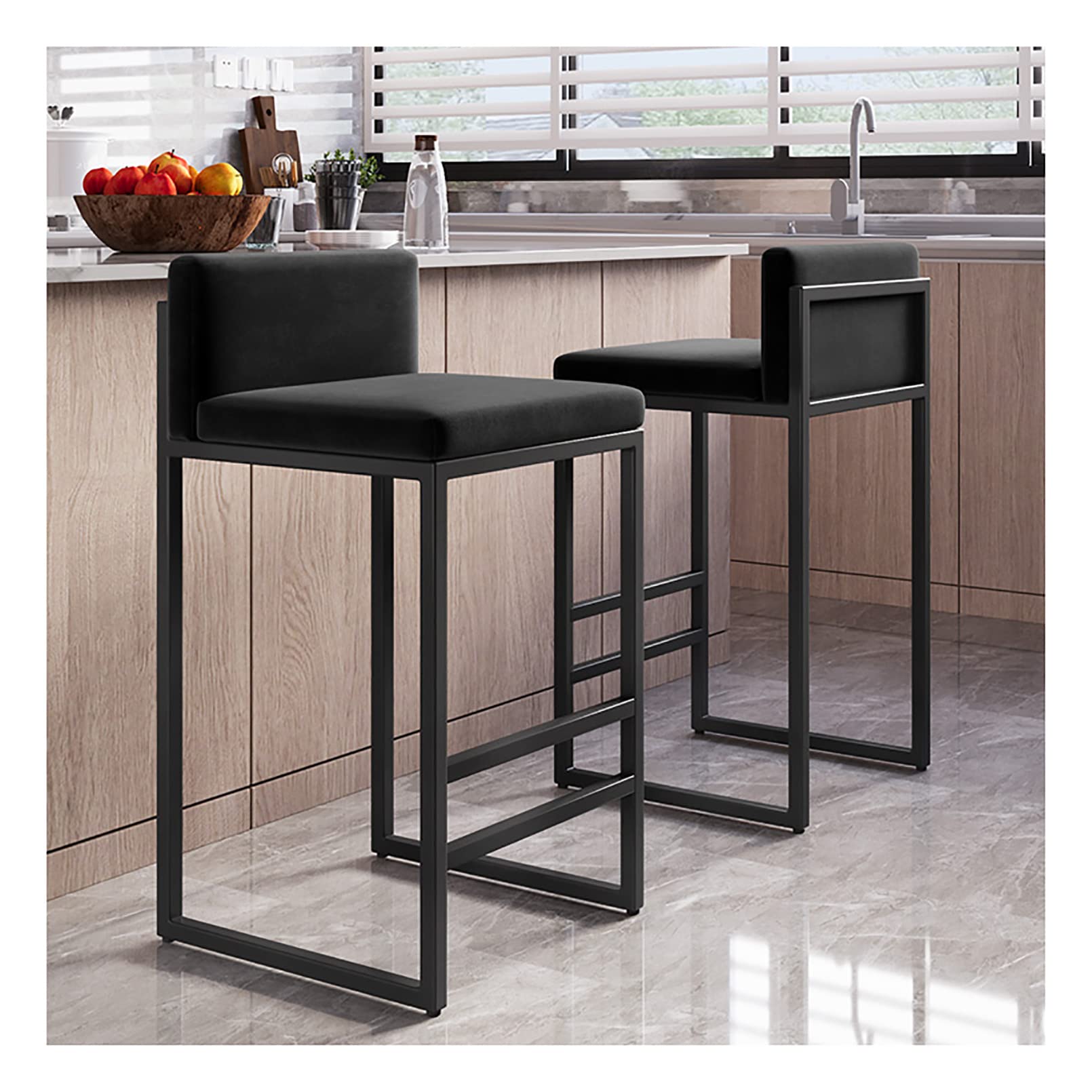 Sgabelli da bar ad altezza bancone con schienale, rivestimento in velluto e similpelle stile rustico, seduta da 65 cm, portata massima 200 kg, colore nero, ideali per banconi da cucina.