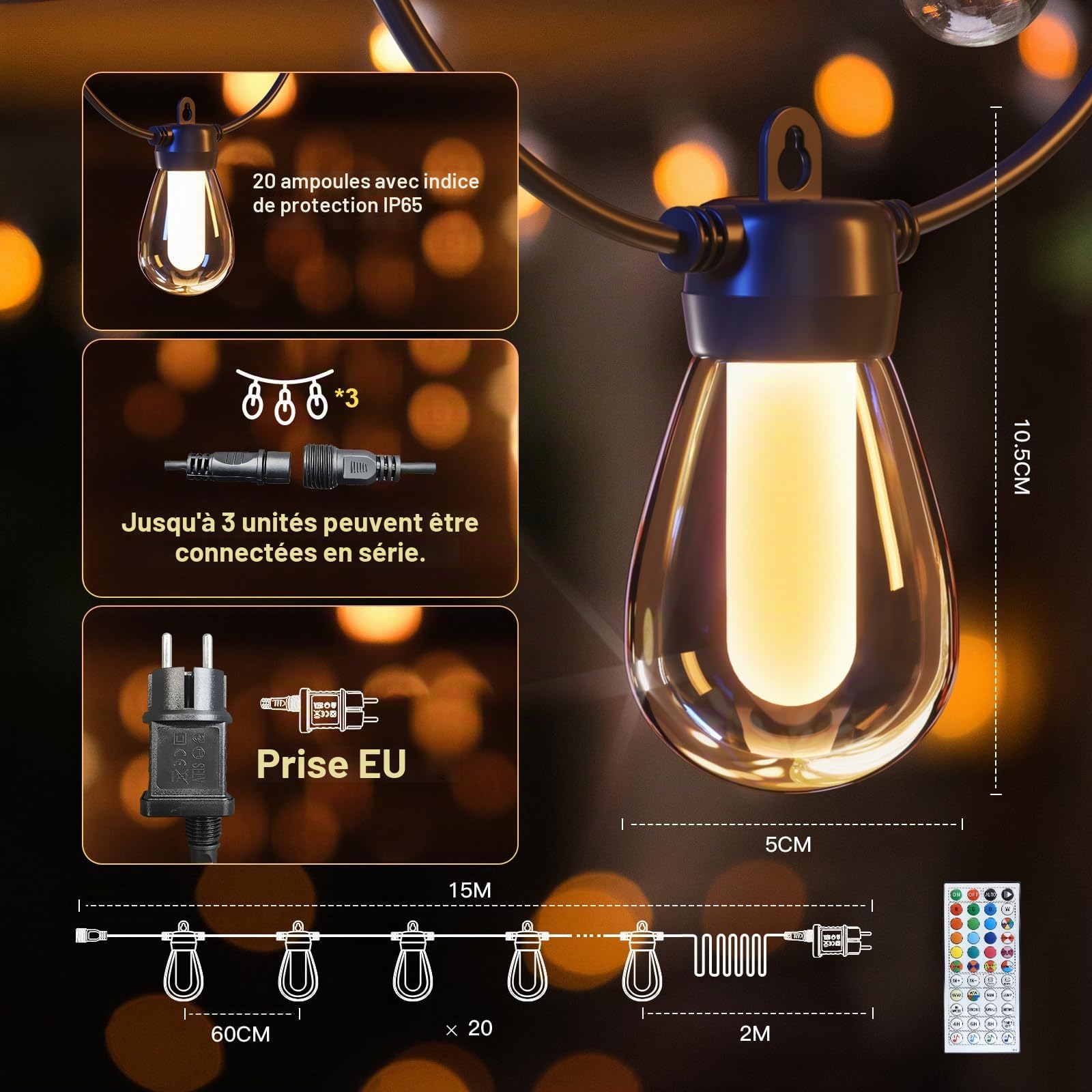 Guirlande lumineuse de 15 m pour l'extérieur/l'intérieur, réglable, RGB, plus de 1000 modes pour les fêtes, terrasses, brasseries en plein air, pavillons, balcons, jardins, Halloween, Noël (APP)