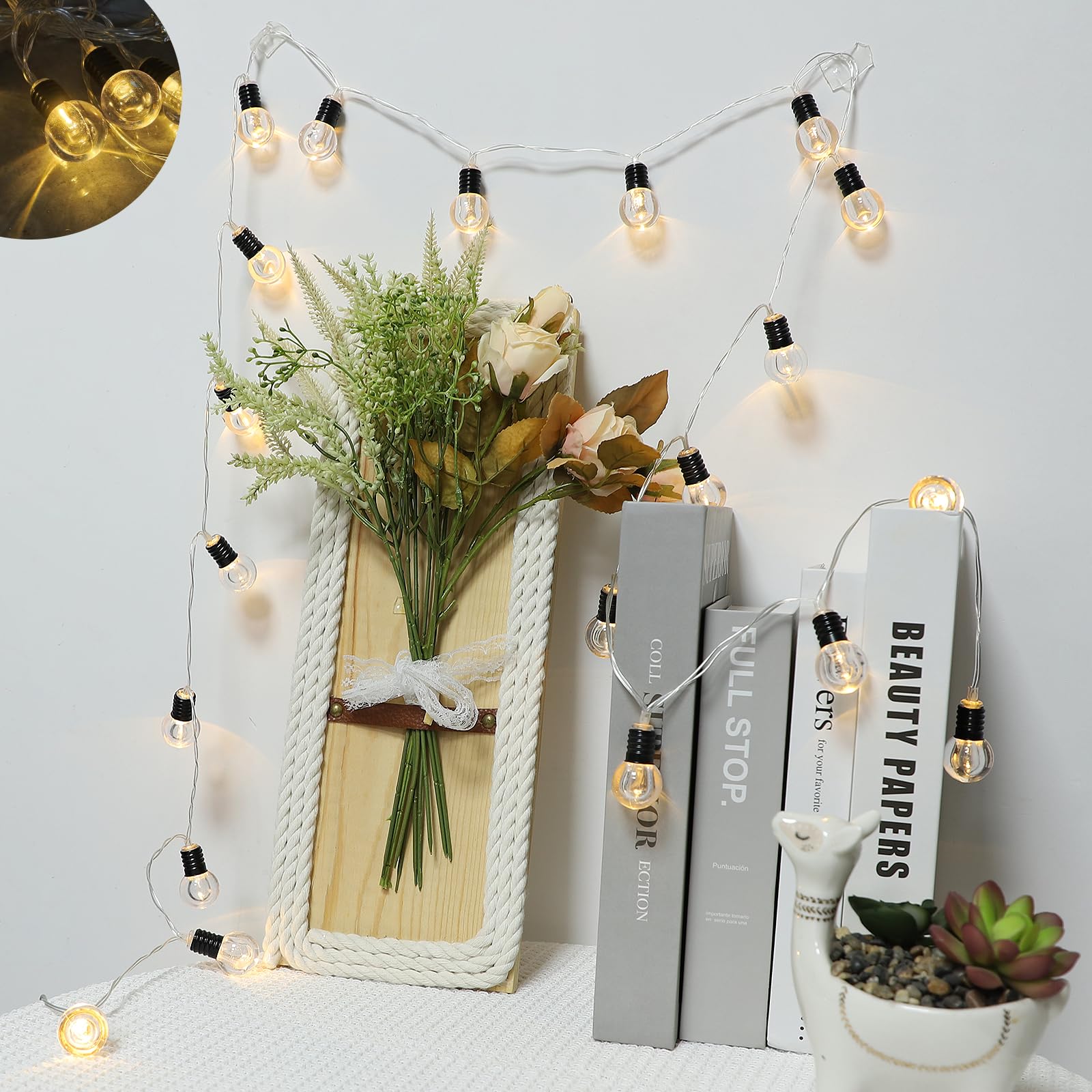 A.bigwhale Guirnalda Luces Pilas -20 LED luces hadas con temporizador, blanco cálido mini bombilla luces de hadas para interior, habitación, fiesta, Navidad, boda, Led pilas decoraciones de Navidad