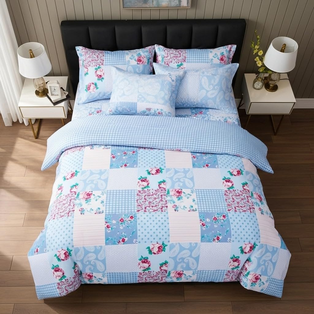 B&B Printed Duvet Cover Set, 100% Rich Cotton Comforter Cover Bedding Sets - Soft, Thick Anti-Allergy 3PCS Quilt Covers with 2 Pillow Shams (Super King Size, Floral Blue) โ image 1