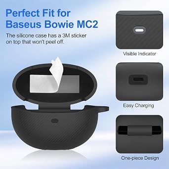 Baseus Bowie MC2イヤホン用シリコンケース、耐衝撃ソフトシリコンケース、キーチェーン&クリーニングキット付き、超軽量防塵、汚れ防止、洗濯可能な保護カバー レディース メンズ ブラック