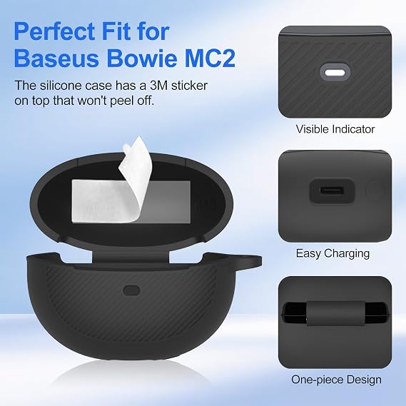 Baseus Bowie MC2イヤホン用シリコンケース、耐衝撃ソフトシリコンケース、キーチェーン&クリーニングキット付き、超軽量防塵、汚れ防止、洗濯可能な保護カバー レディース メンズ ブラック