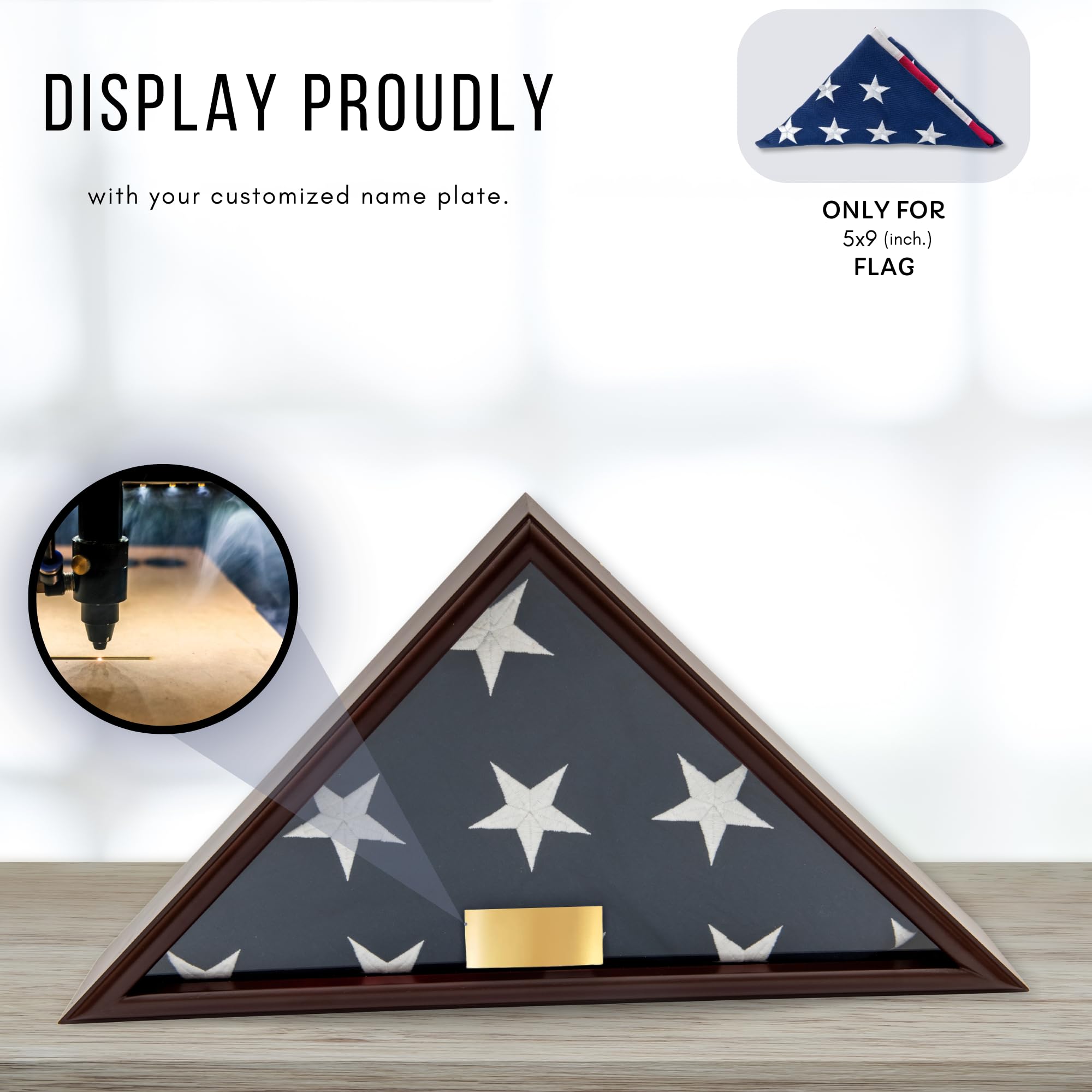 DECOMIL - 5x9 Inches Flag Display Case for American Veteran Burial Flag, Personalised Customized Name Plate, Solid Wood, Cherry Finish, UV Protection HQ Plexiglass
