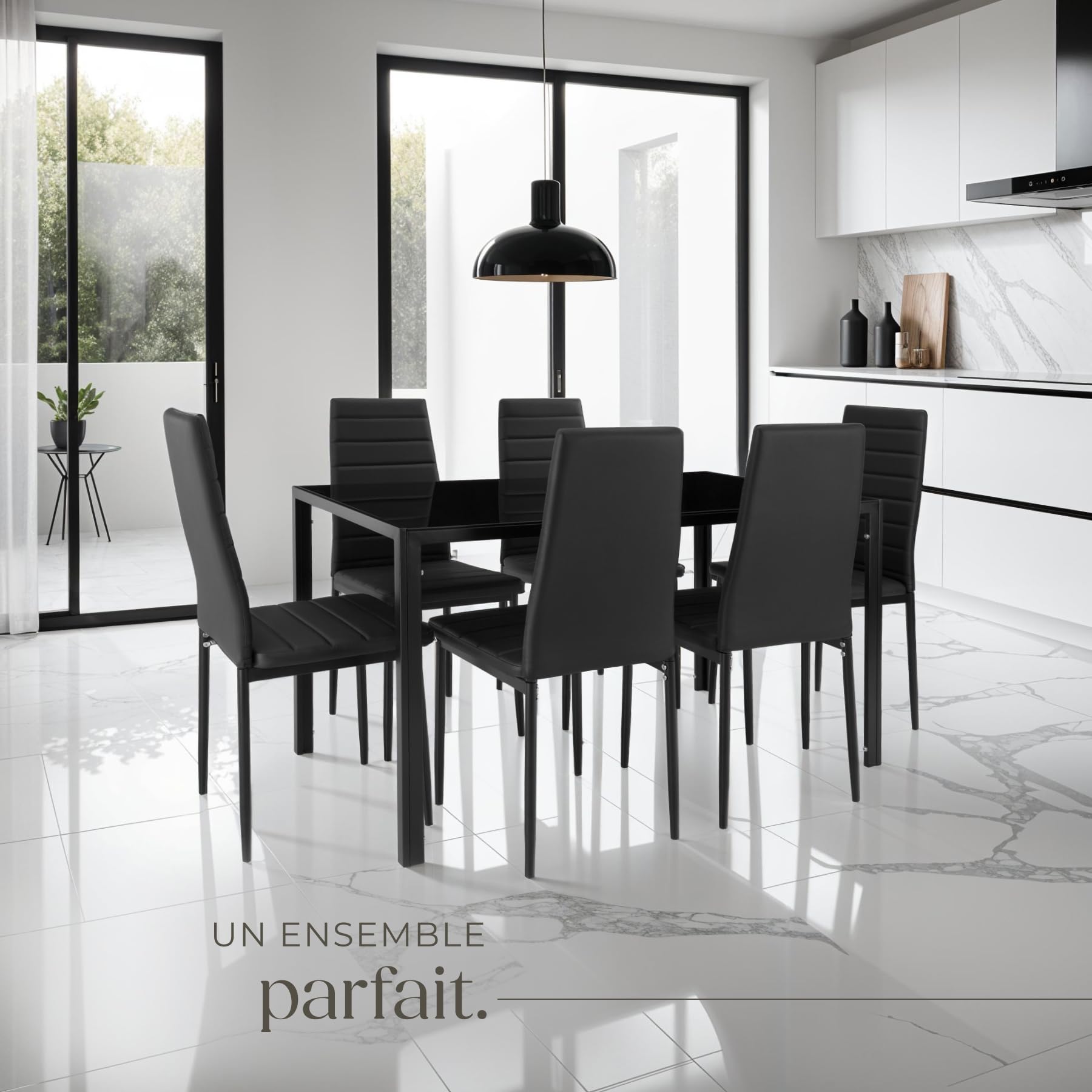 tectake® Ensemble Table à Manger avec 6 chaises de Salle à Manger en Cuir synthétique Chaises Modernes Structure & Pieds en Acier Table Salle à Manger en Verre trempé pour Salon, Chambre, Cuisine