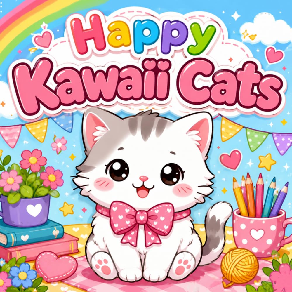 Happy Kawaii Cats: Bold & Easy & Fun Cozy Cute Cats 40 Easy Cats Coloring Pages for Kids