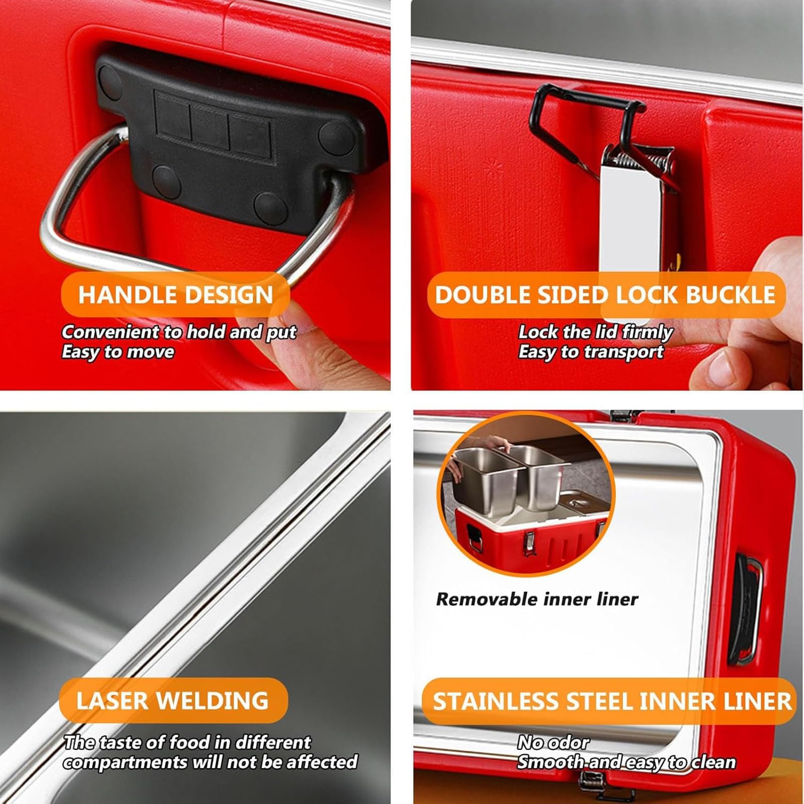 Caja de alimentos resistente aislada con sartenes de acero inoxidable, transporte de alimentos fríos y calientes, 4 hebillas y 2 asas para catering, camping