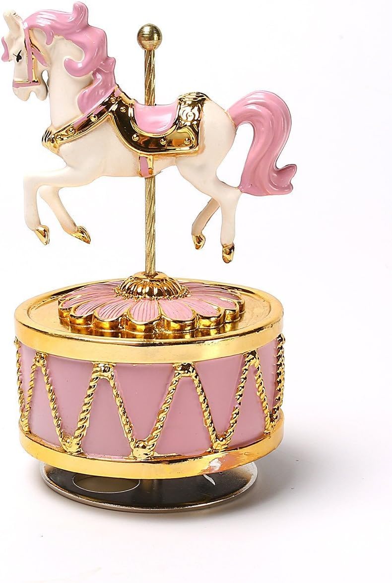 Luxury Carousel Music Box, Happy Pony Design, for Kids (Pink & Gold)