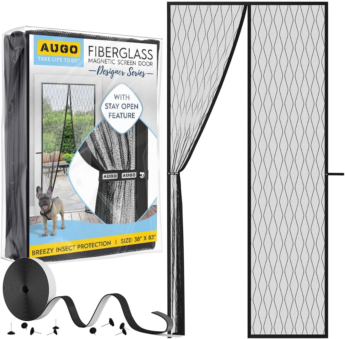 AUGO Magnetic Fiberglass Design Screen Door – Self Sealing, Heavy Duty, Hands Free Mesh Partition Keeps Bugs Out – Door Screen Magnetic Closure – Patent Pending Keep Open Feature – 38 Inch x 83 Inch