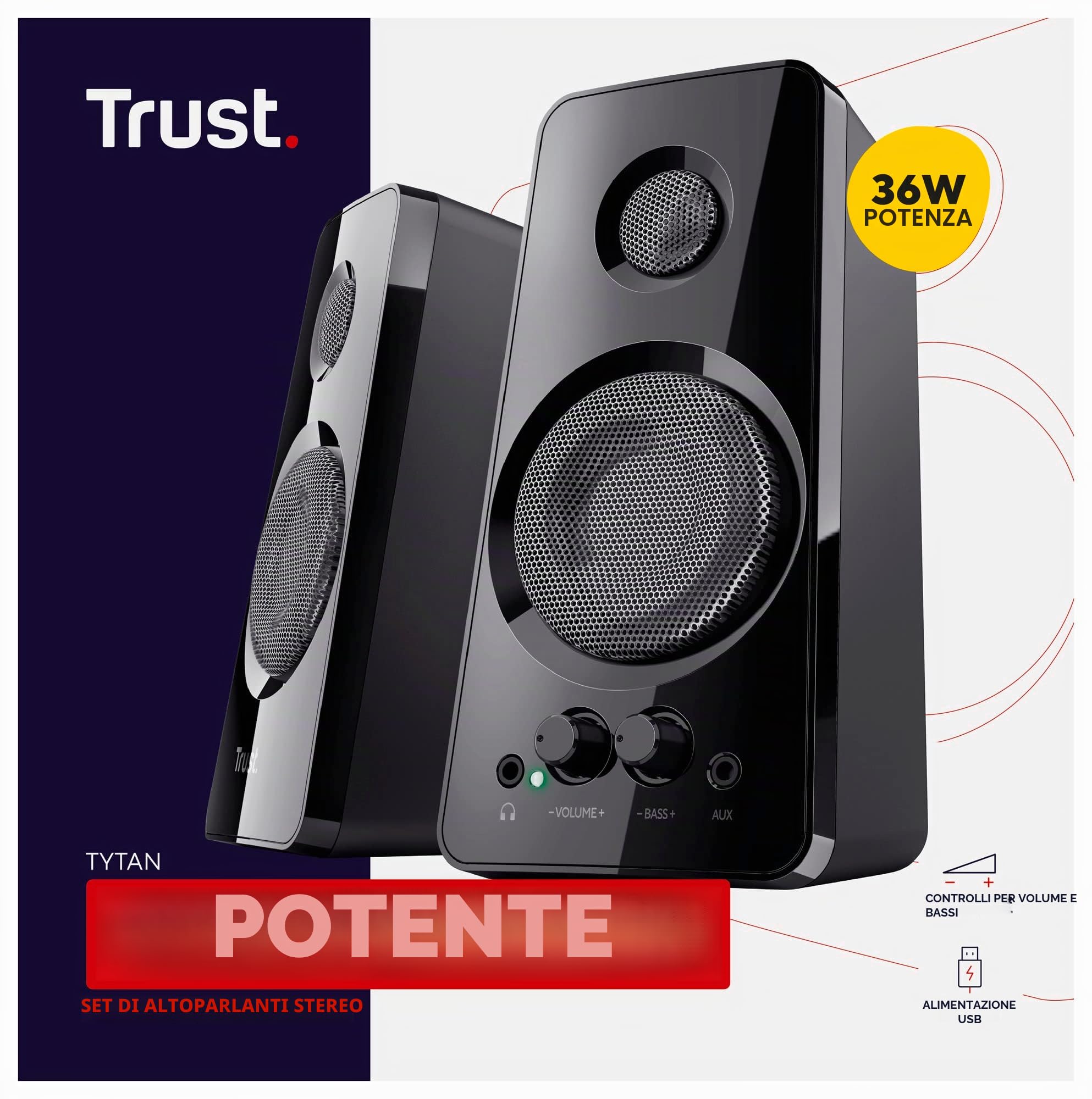 Trust Tytan Set di Casse per PC Fisso 2.0, 36 W, Altoparlanti con Alimentazione USB, Jack AUX 3.5 mm, Connessione Cuffie, Casse PC per Computer, Portatile, Tablet, Telefono - Nero
