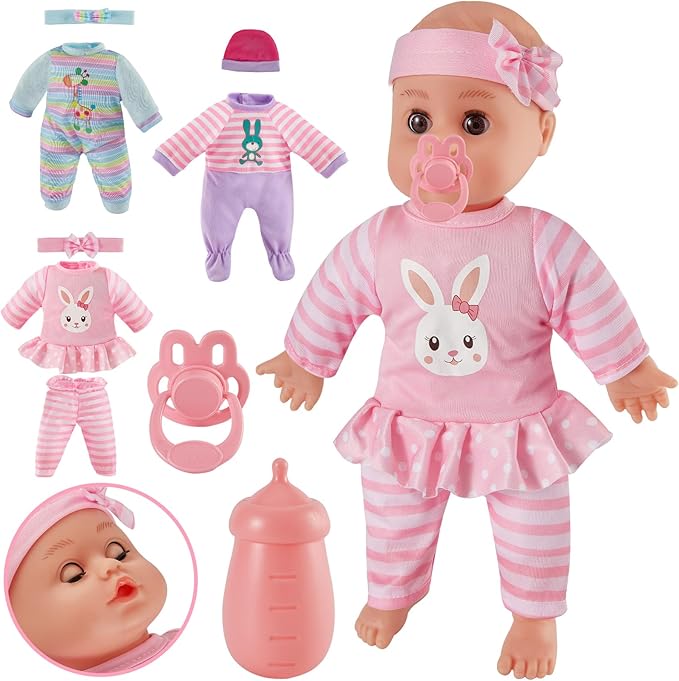 Juguete Muñeca Blandito 32 CM, Muñeco Bebe Accesorios con Funciones, 3 Trajes, Muñecas Que Come y Se Mueve Abre Ojitos Hace Sonidos de Bebé Regalo para Niños y Niñas de 3 4 5 Años