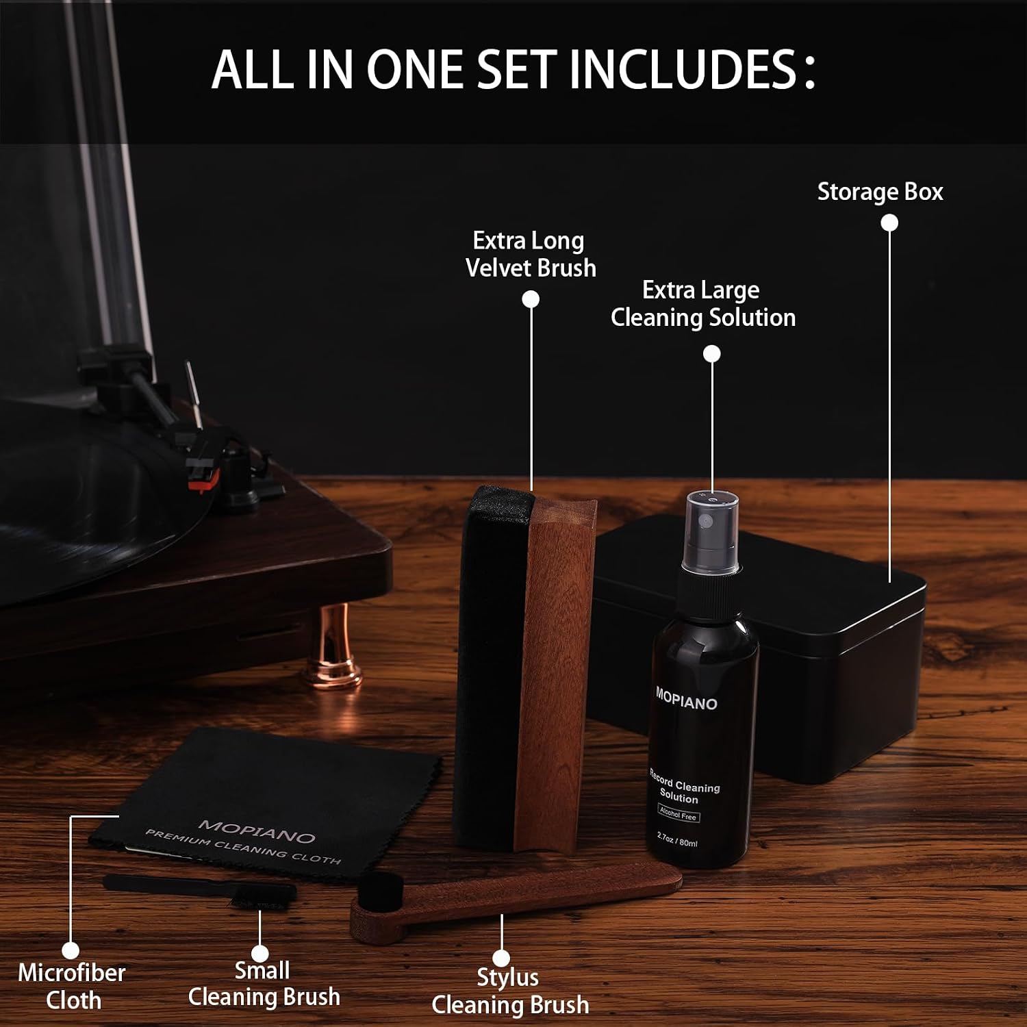 Mopiano Vinyl Record Cleaning Kit|Complete 6-in-1 Vinyl Record Cleaner Kit for Albums|Includes Soft Velvet Vinyl Record Brush,LP Cleaning Liquid,Stylus Brush,Nylon Brush,Microfiber Cloth & Storage Box