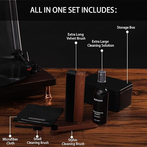 Vinyl LP Record Cleaning Set 6-in-1 | Includes Velvet Padding Brush, LP Cleaning Fluid, Stylus Brush, Nylon Brush, Microfibre Cloth and Storage Box