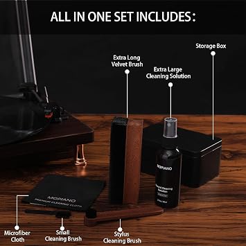 Vinyl LP Record Cleaning Set 6-in-1 | Includes Velvet Padding Brush, LP Cleaning Fluid, Stylus Brush, Nylon Brush, Microfibre Cloth and Storage Box