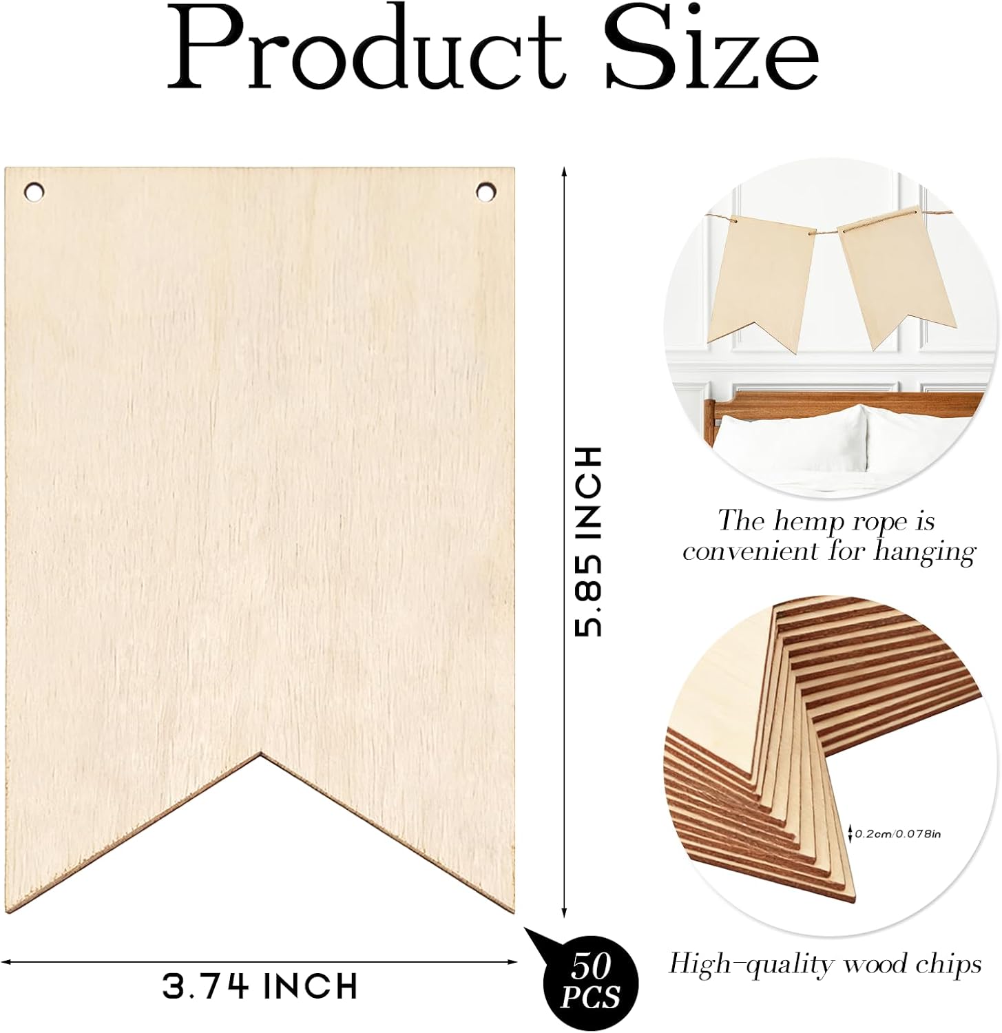 50 Pack Unfinished Blank Wood Signs Wooden Blocks for Crafts with Hemp Rope Wood Cutouts Plaques Flag Ornament for DIY Crafts Painting Writing Wall Decorations