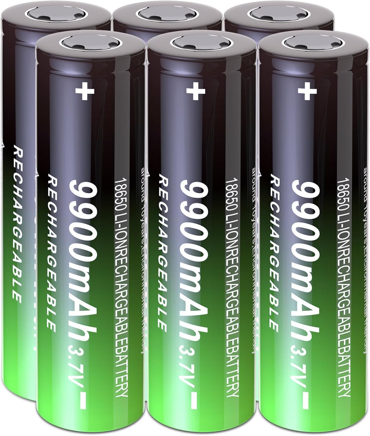 18650 Rechargeable Battery 3.7Volt Li-ion Large Capacity 9900mAh Flat Top 6 Pack for Flashlight Headlamp