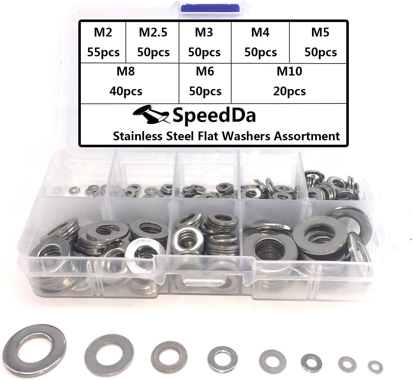 SpeedDa 365pcs Stainless Steel Flat Washers Assortment Set 8 Sizes(M2 M2.5 M3 M4 M5 M6 M8 M10)