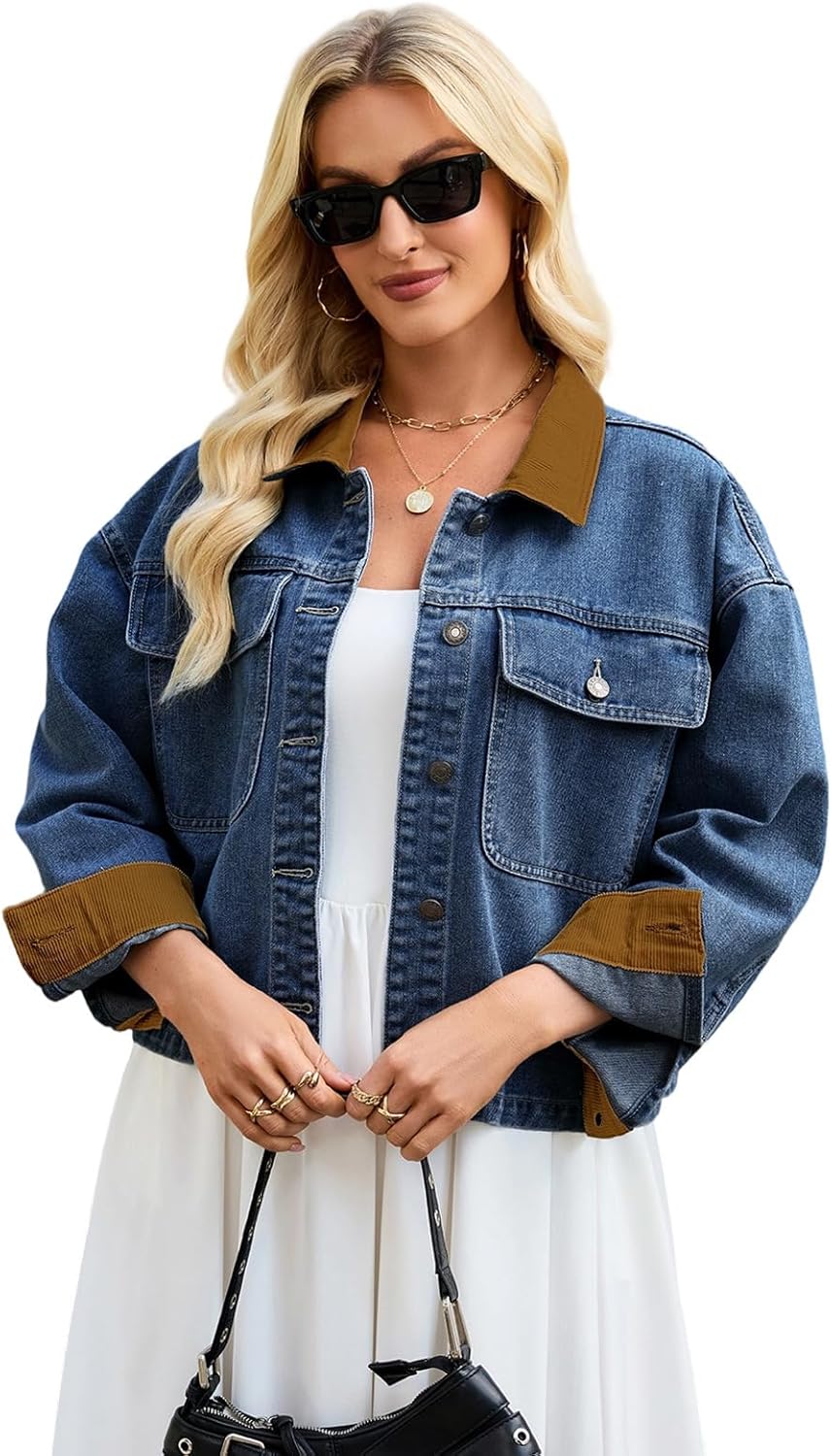 Women's Denim Jacket Cropped Oversized Jean Jackets Color Block Contrast Collar Jean Shacket Coat with Pockets