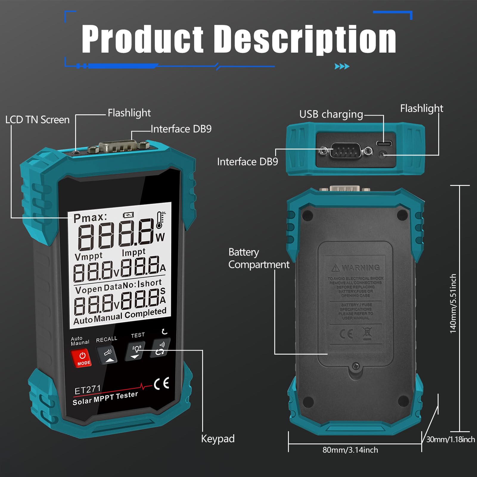 Tester solare da 1600 W, tester digitale portatile MPPT con modalità auto/manuale, tensione a vuoto, punto di potenza massimo (potenza/tensione/corrente), batteria da 1250 mAh