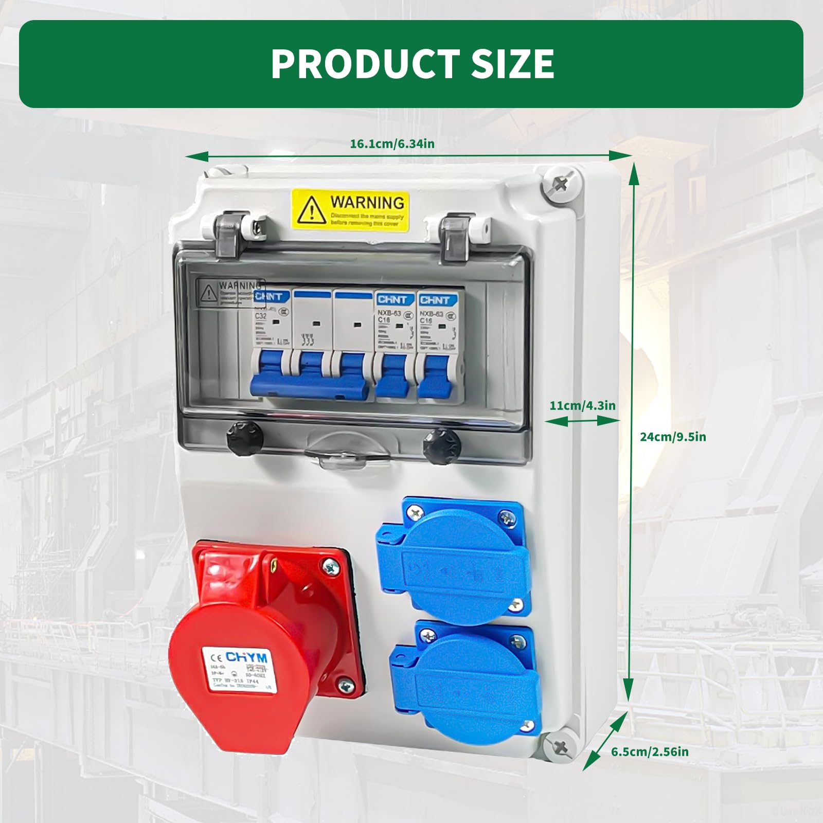 Distribuidor de corriente para construcción, 16 A, distribuidor de pared, 32 A/16 A, IP44, resistente al agua, con interruptor de protección FI, enchufes CEE y Schuko para obras, jardín, industria