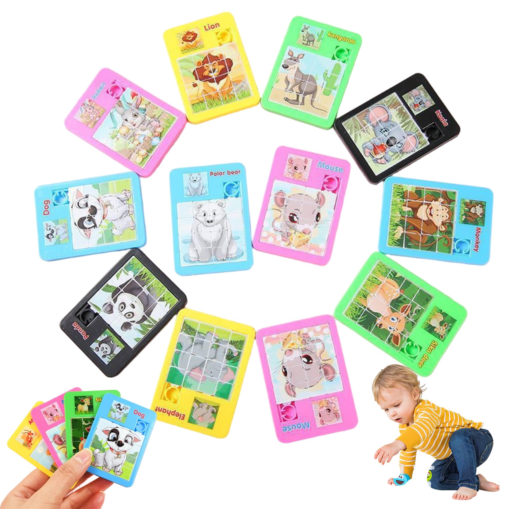 10Pcs Slide Puzzle, 16-Grid Cute Portable Mini Animal Puzzle, Safe Smooth Educational Toys for Girls, Boys, Slide