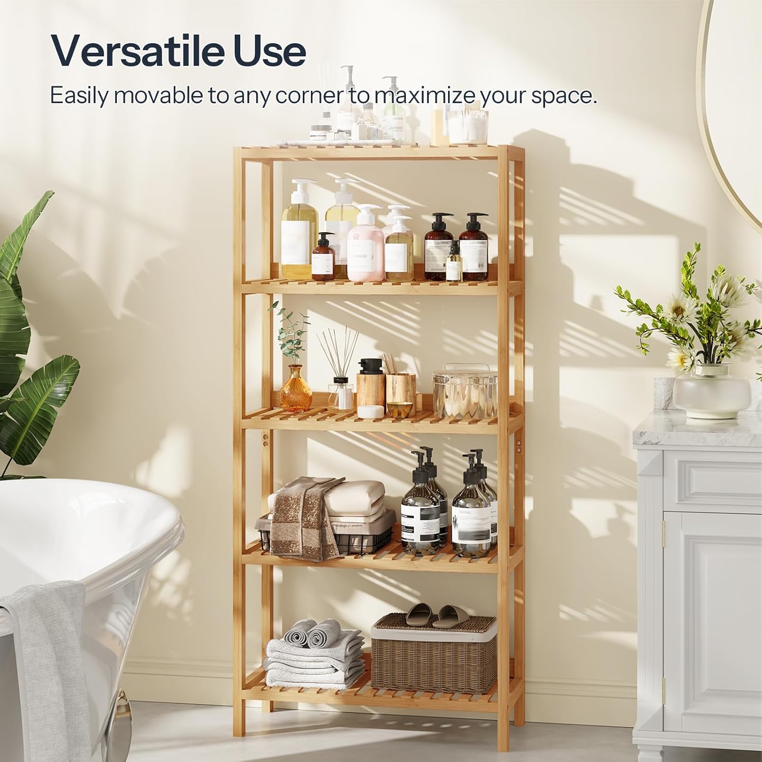HOOBRO Bamboo Storage Shelf, 5-Tier Freestanding Shelving Unit, Multifunctional Storage Rack with Back Panel, 23.6 x 10.2 x 51.2 inches, for Bathroom, Living Room, Balcony, Kitchen, Natural YL96CJ01