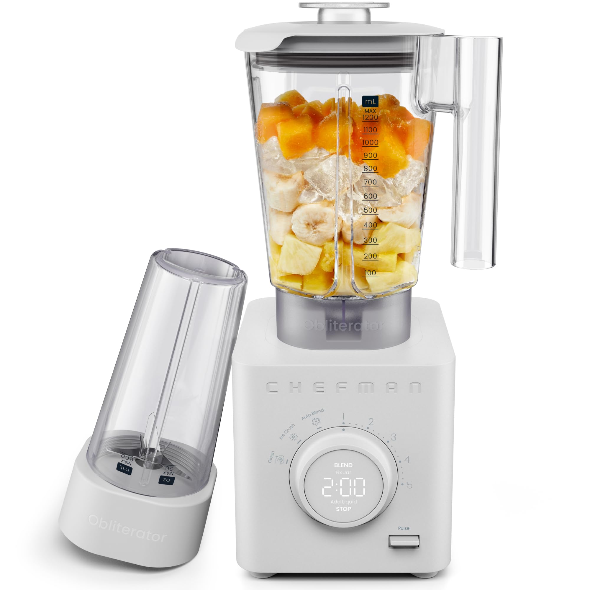 Chefman Obliterator 1.2L 1350W Frullatore Smoothie, Trita Ghiaccio, Noci e Frutta Congelata, Lama in Acciaio Inox, Funzione Auto Mix, Con Barattolo da Viaggio da 600ml – Grigio Cemento