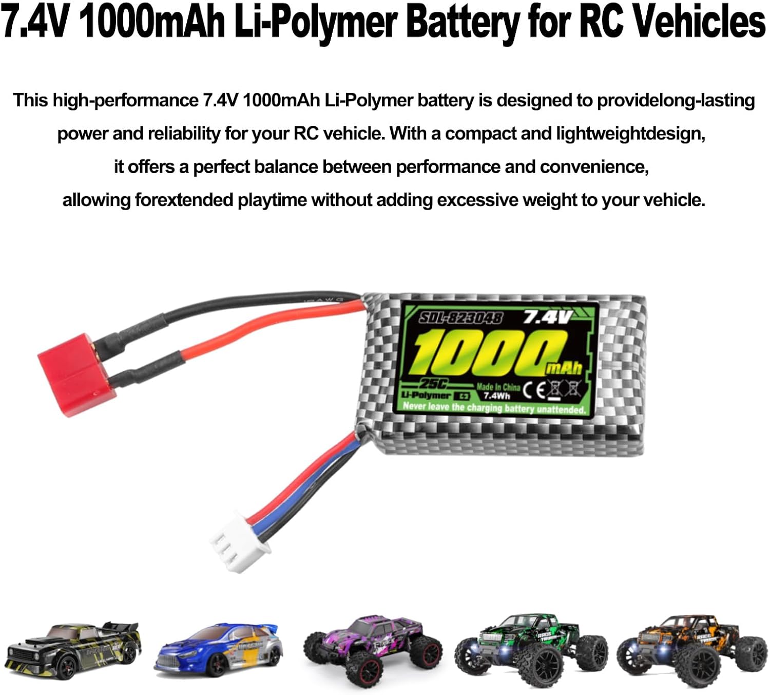HAIBOXING RC Car Battery, 7.4V 1000mAh Li-PO Rechargeable Battery Apply for 1/18 RC Trucks 18859 & 18858 &18868 & 18859A & 2196 & 2197 &16889 2pcs T Plug Batteries with USB Charger (SDL-M16150)